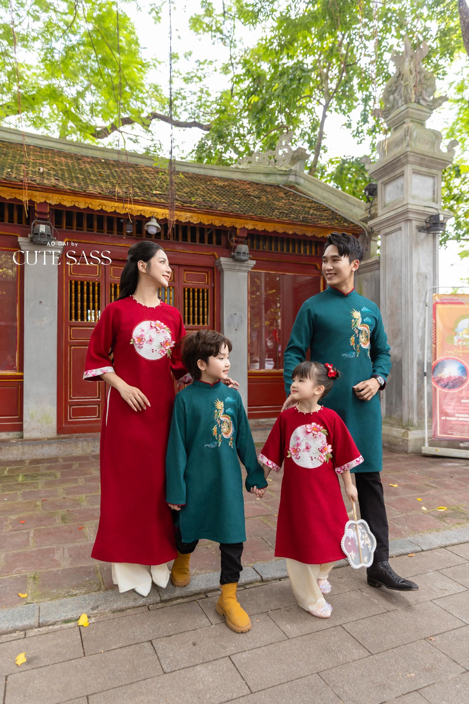 Cat Tuong - Red Moon & Green Dragon Matching Ao Dai Set (No Tassel) FL| Pre-made Traditional Vietnamese Ao Dai | Lunar New Year