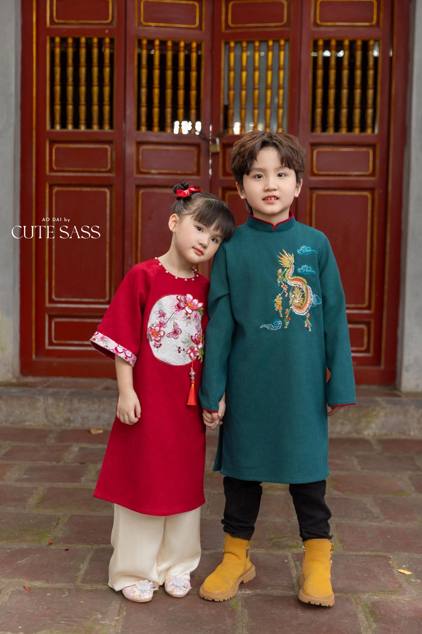 Cat Tuong - Red Moon & Green Dragon Matching Ao Dai Set (No Tassel) FL| Pre-made Traditional Vietnamese Ao Dai | Lunar New Year