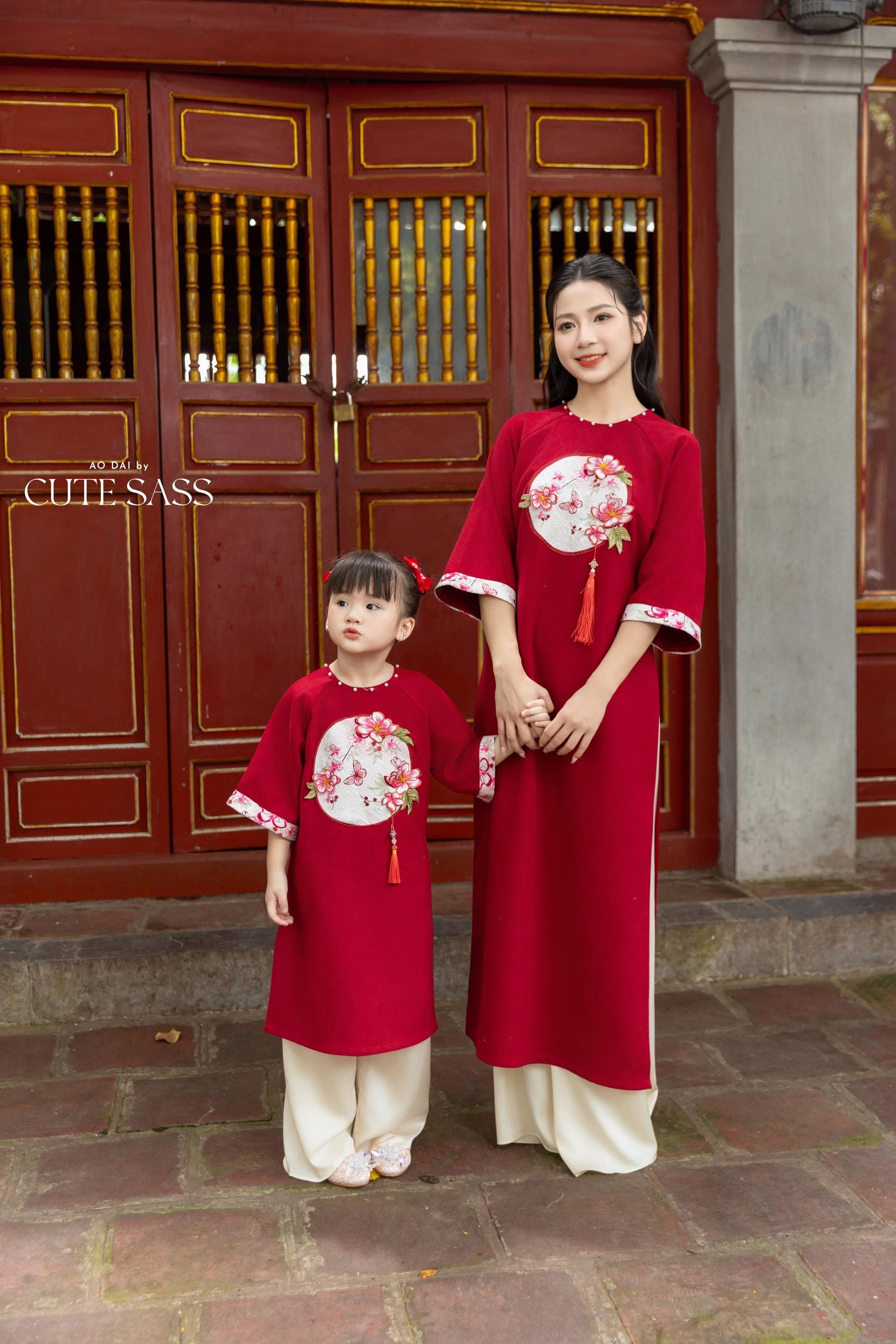 Cat Tuong - Red Moon & Green Dragon Matching Ao Dai Set (No Tassel) FL| Pre-made Traditional Vietnamese Ao Dai | Lunar New Year