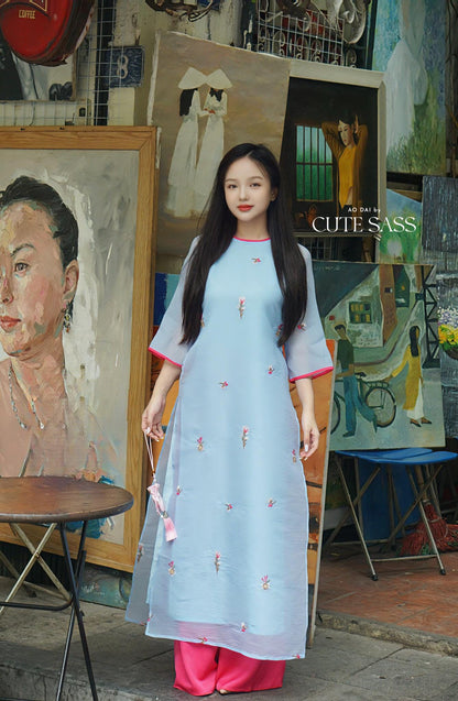 Shifted Blue Sakura Ao Dai Top with Hot Pink Pants 21-22B|Pre-made Modernized Vietnamese Ao Dai|Pastel Ao Dai |Lunar New Year|