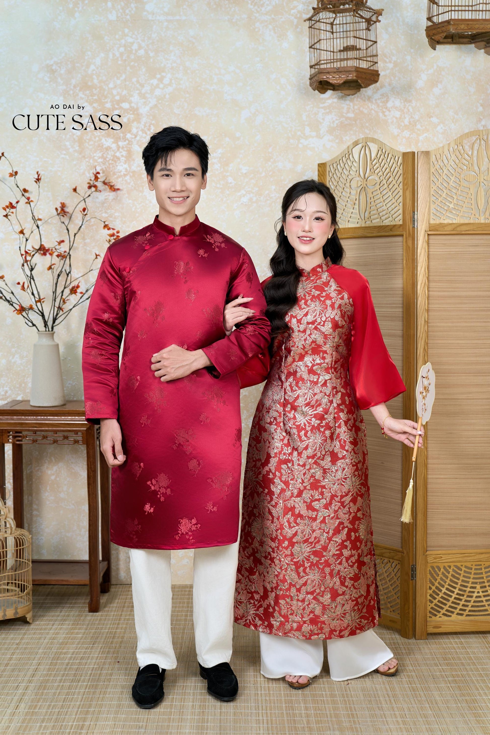 Nhu Y - Family Red/Gold Butterflies Matching Ao Dai Set | Pre-made Traditional Vietnamese Ao Dai | Lunar New Year