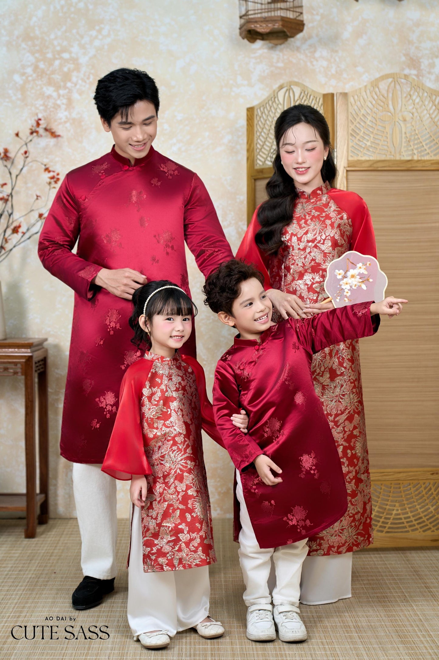 Nhu Y - Family Red/Gold Butterflies Matching Ao Dai Set | Pre-made Traditional Vietnamese Ao Dai | Lunar New Year