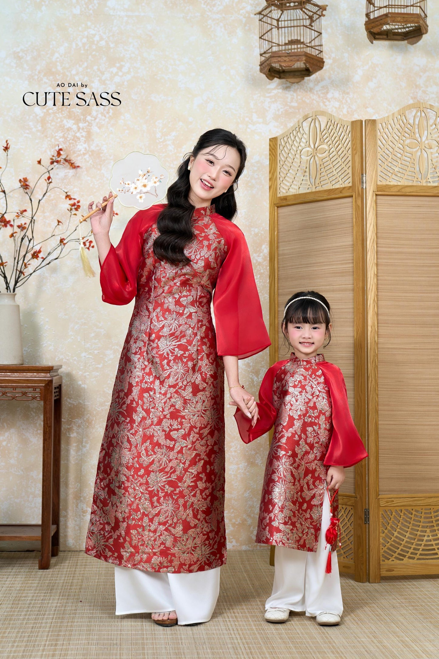 Nhu Y - Family Red/Gold Butterflies Matching Ao Dai Set | Pre-made Traditional Vietnamese Ao Dai | Lunar New Year