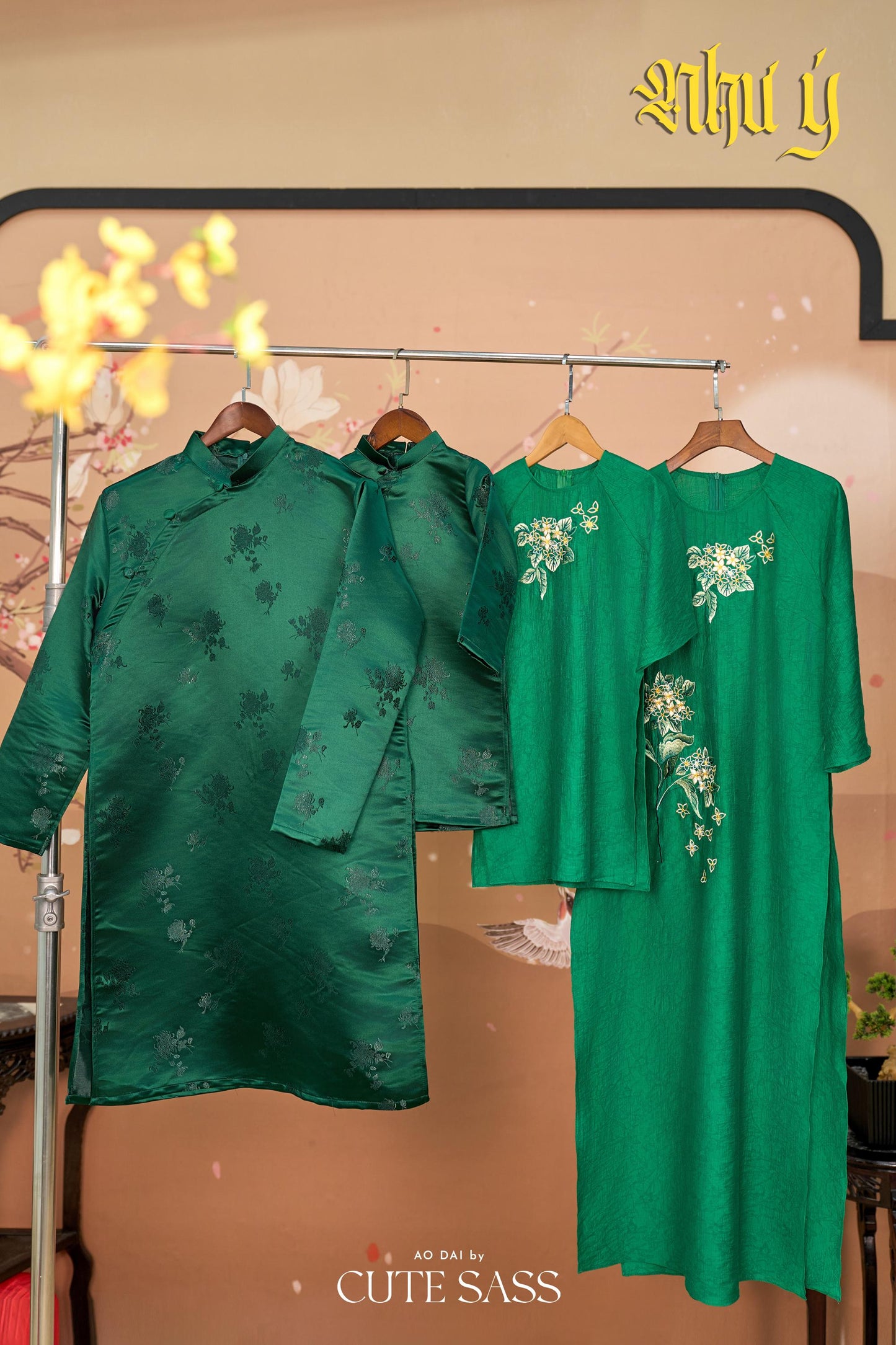 Nhu Y - Family Green Yuki Cherry Blossom Embroidery Matching Ao Dai Set | Pre-made Traditional Vietnamese Ao Dai | Lunar New Year