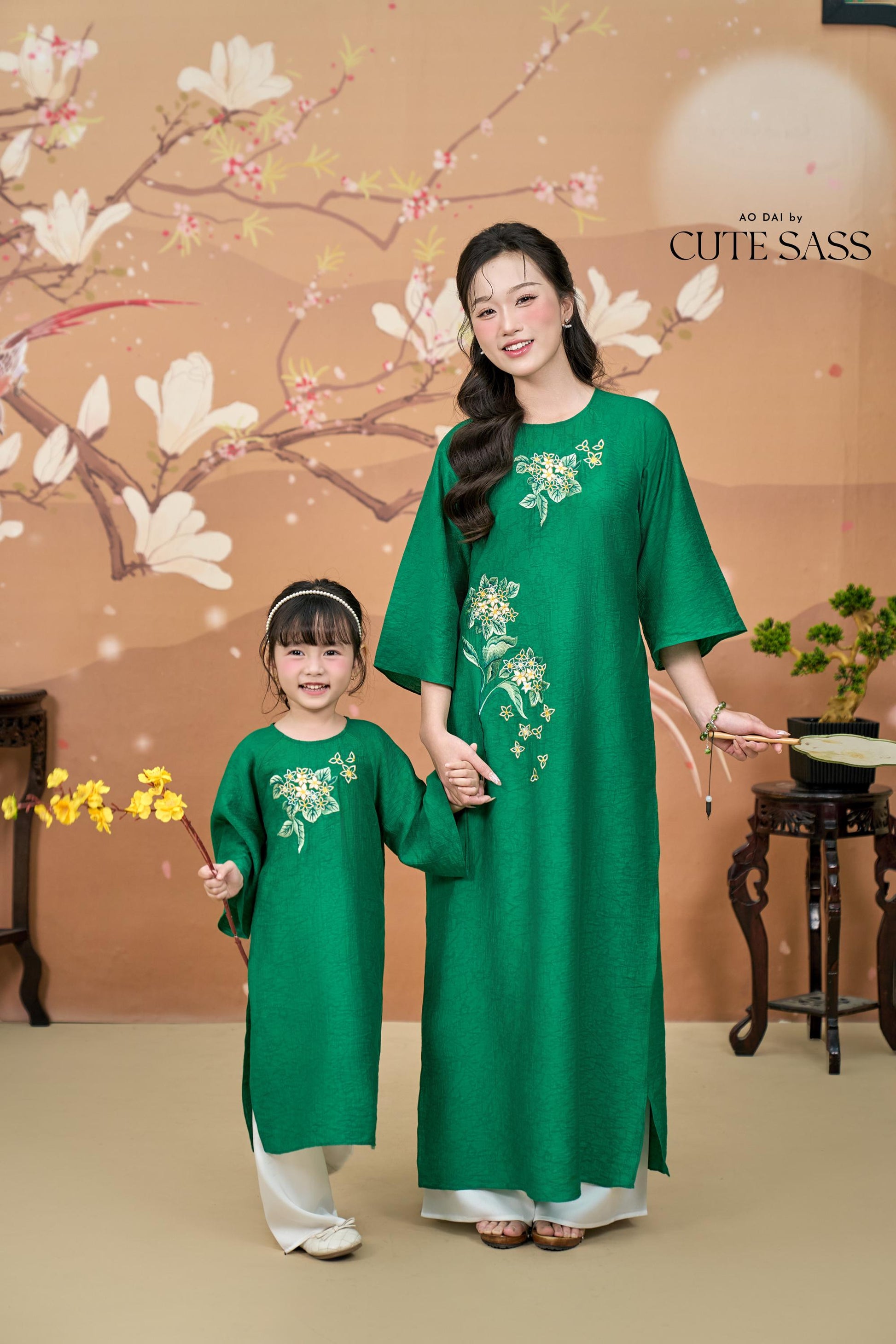 Nhu Y - Family Green Yuki Cherry Blossom Embroidery Matching Ao Dai Set | Pre-made Traditional Vietnamese Ao Dai | Lunar New Year