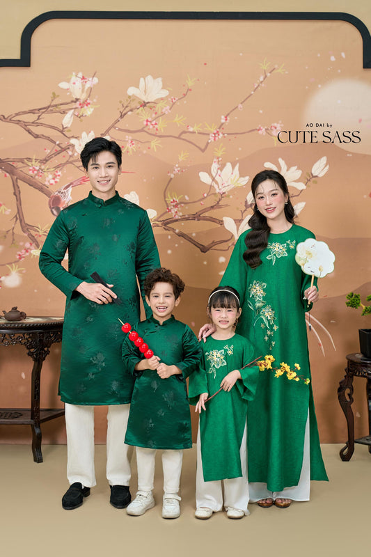 Nhu Y - Family Green Yuki Cherry Blossom Embroidery Matching Ao Dai Set | Pre-made Traditional Vietnamese Ao Dai | Lunar New Year