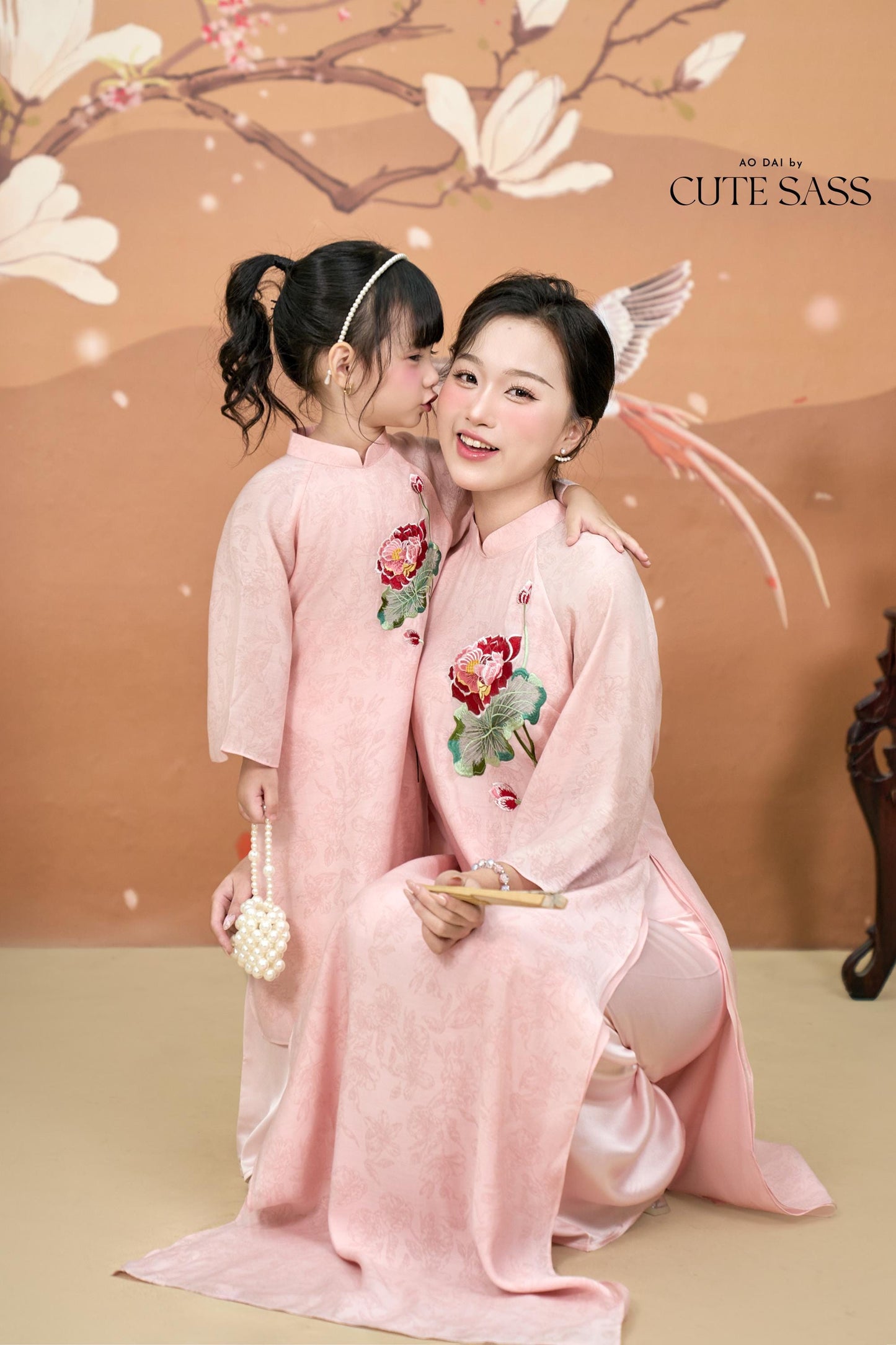 Nhu Y - Family Pink/Cream Lotus Embroidery Matching Ao Dai Set | Pre-made Traditional Vietnamese Ao Dai | Lunar New Year