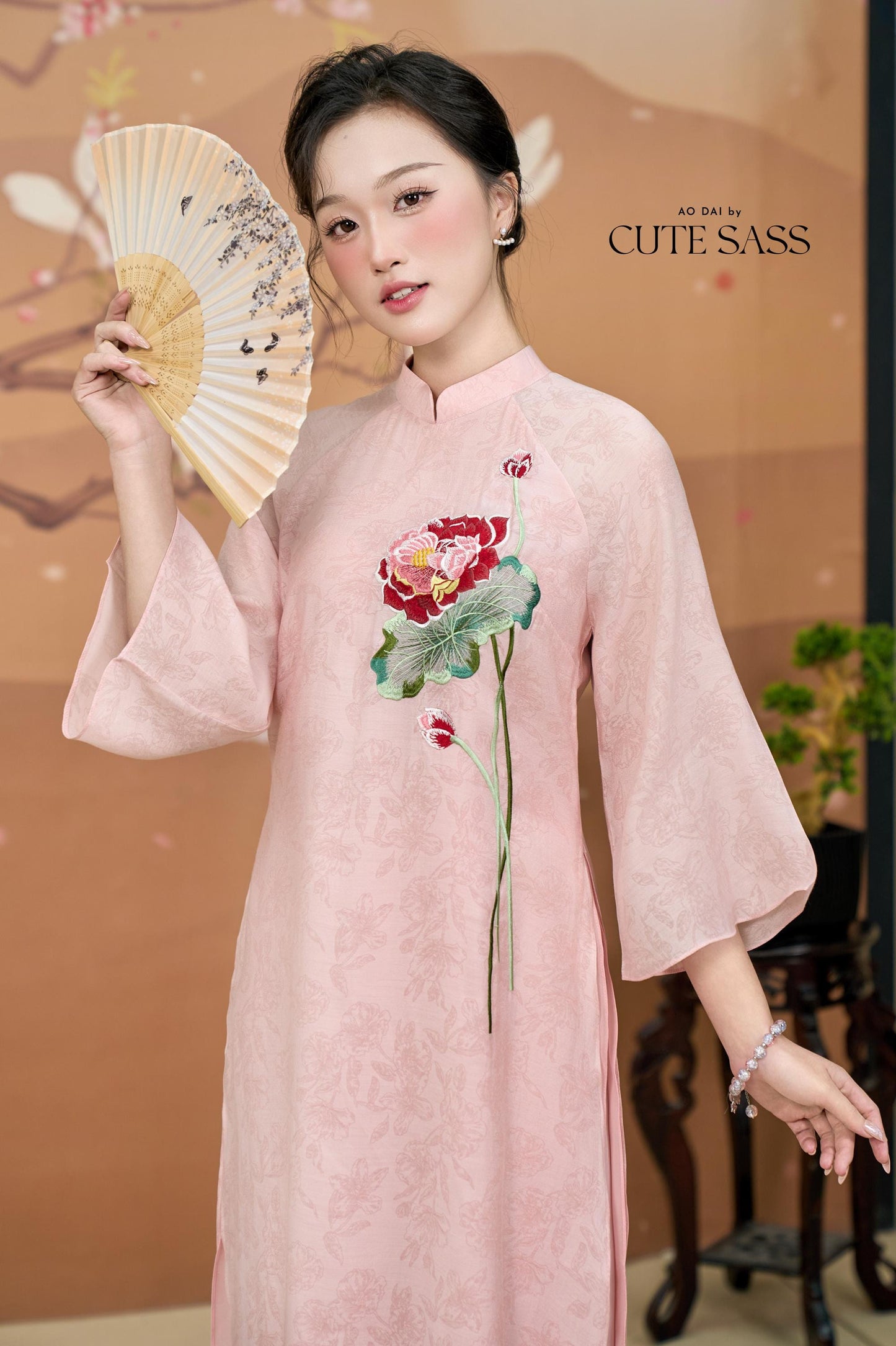 Nhu Y - Family Pink/Cream Lotus Embroidery Matching Ao Dai Set | Pre-made Traditional Vietnamese Ao Dai | Lunar New Year