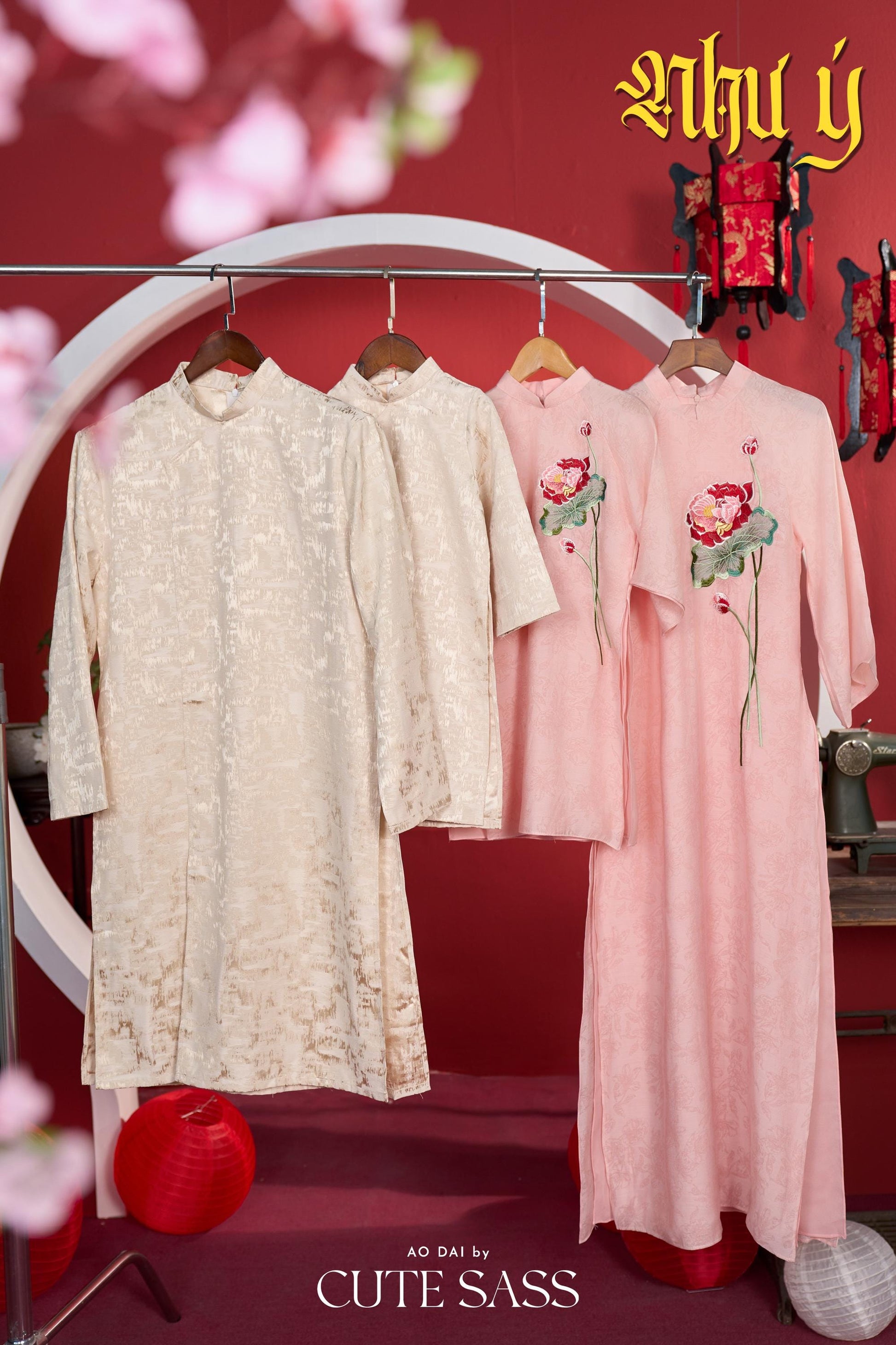 Nhu Y - Family Pink/Cream Lotus Embroidery Matching Ao Dai Set | Pre-made Traditional Vietnamese Ao Dai | Lunar New Year