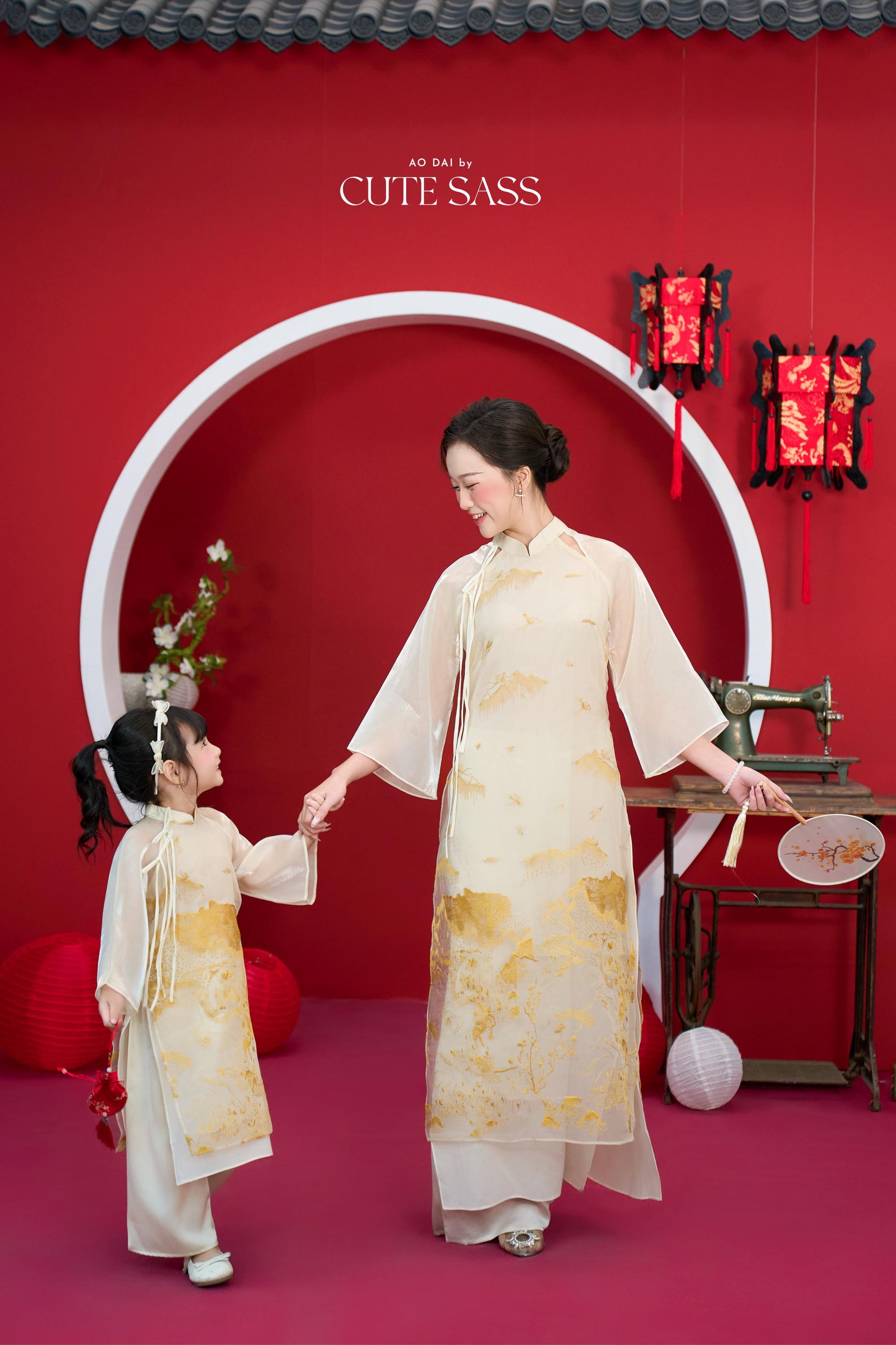 Nhu Y - Family Gold/White Mountain Matching Ao Dai Set | Pre-made Traditional Vietnamese Ao Dai | Lunar New Year