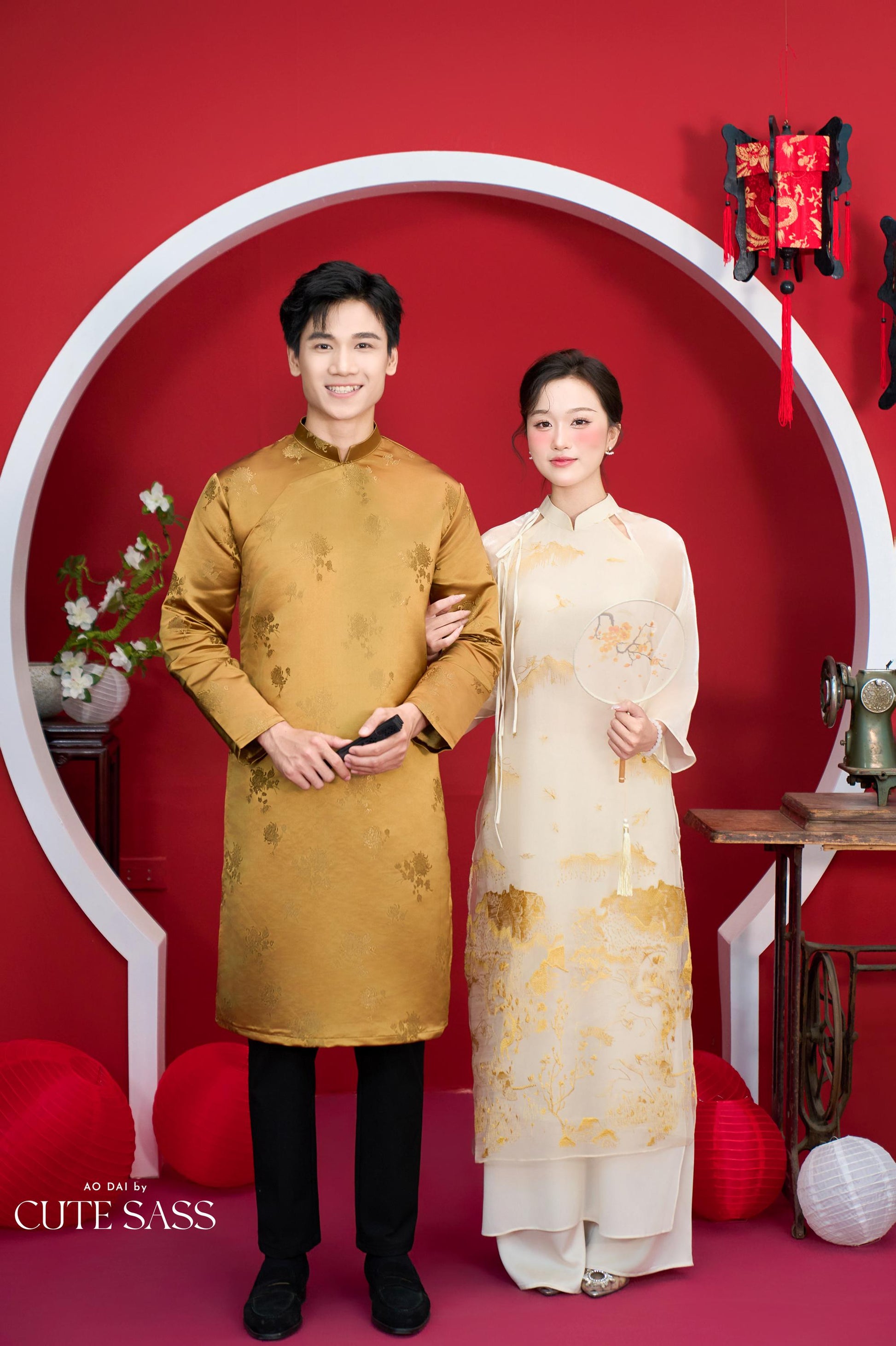 Nhu Y - Family Gold/White Mountain Matching Ao Dai Set | Pre-made Traditional Vietnamese Ao Dai | Lunar New Year