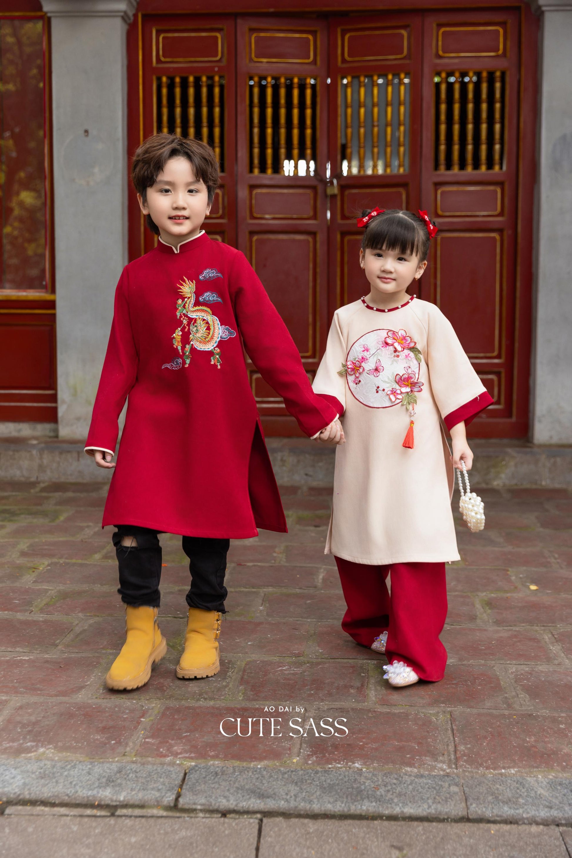 Cat Tuong - Family Cream Moon & Red Dragon Matching Ao Dai Set FL| Pre-made Traditional Vietnamese Ao Dai | Lunar New Year