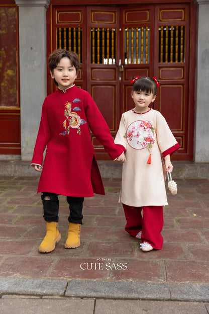 Cat Tuong - Family Cream Moon & Red Dragon Matching Ao Dai Set FL| Pre-made Traditional Vietnamese Ao Dai | Lunar New Year
