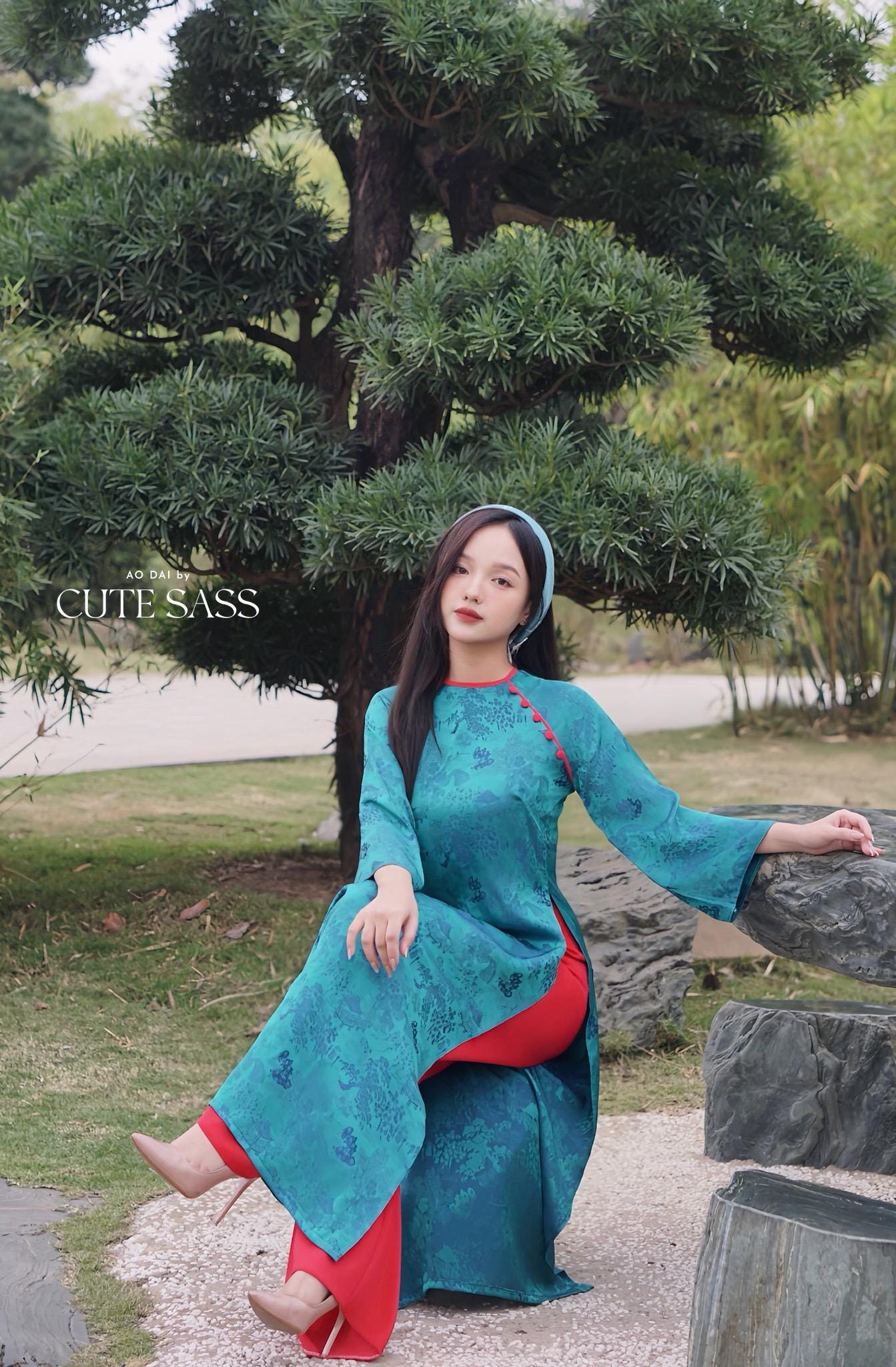 Deep Turquoise Tu Minh Pattern Silk with Buttons Ao Dai Set 12-13B|Pre-made Modernized Vietnamese Ao Dai with Pants | Lunar New Year |