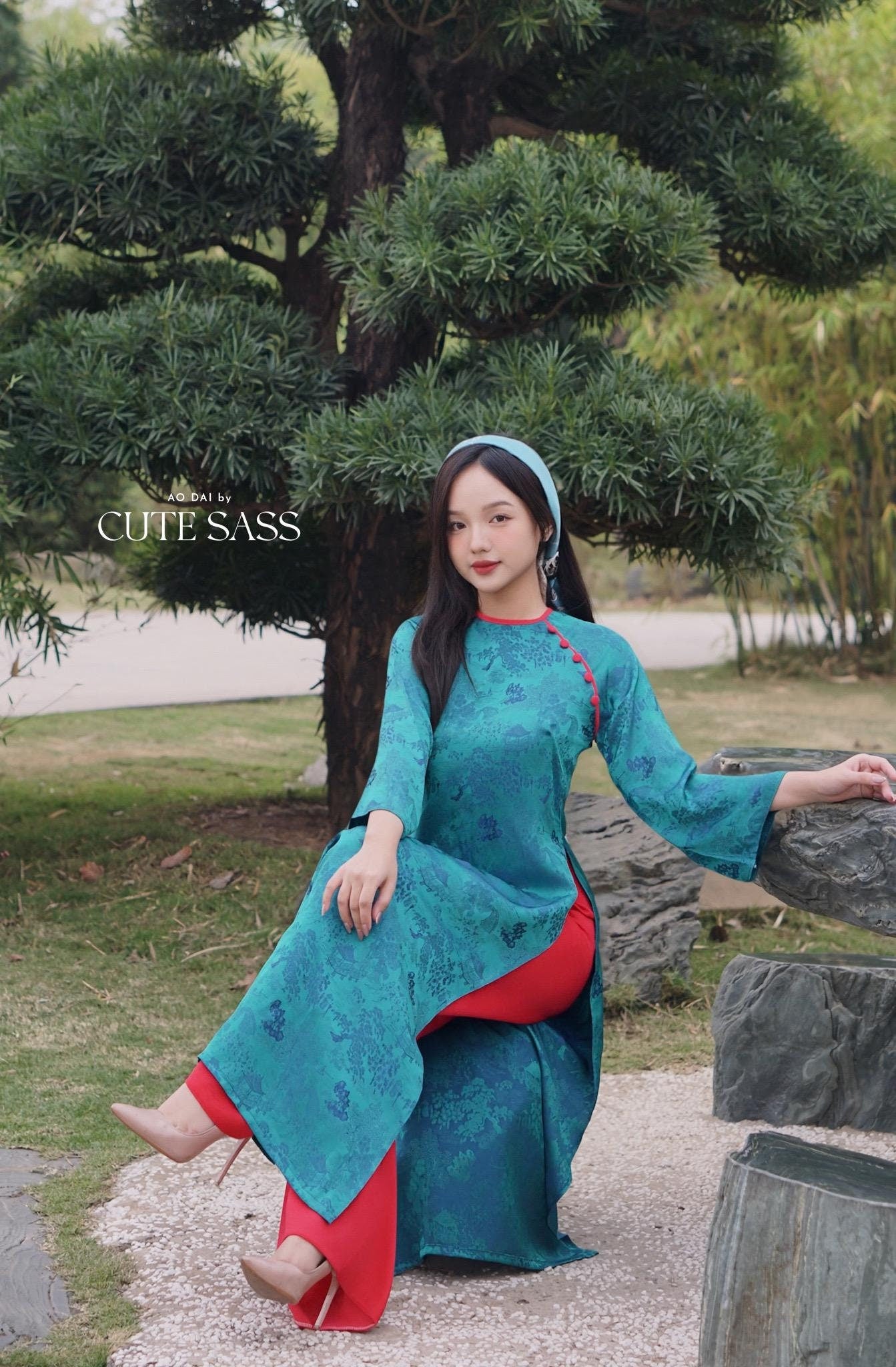 Deep Turquoise Tu Minh Pattern Silk with Buttons Ao Dai Set 12-13B|Pre-made Modernized Vietnamese Ao Dai with Pants | Lunar New Year |