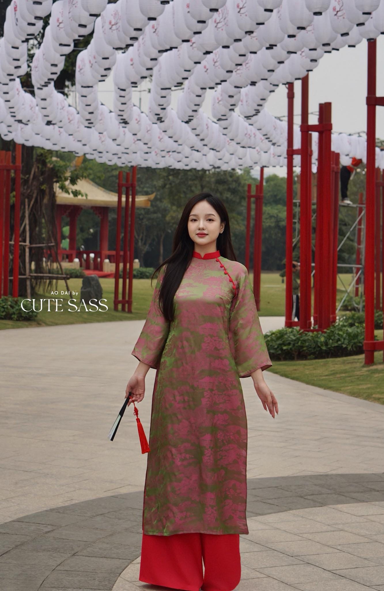 Green/Pink High Collar Tu Minh Pattern Silk with Buttons Ao Dai Set 12-13B|Pre-made Modernized Vietnamese Ao Dai with Pants | Lunar New Year