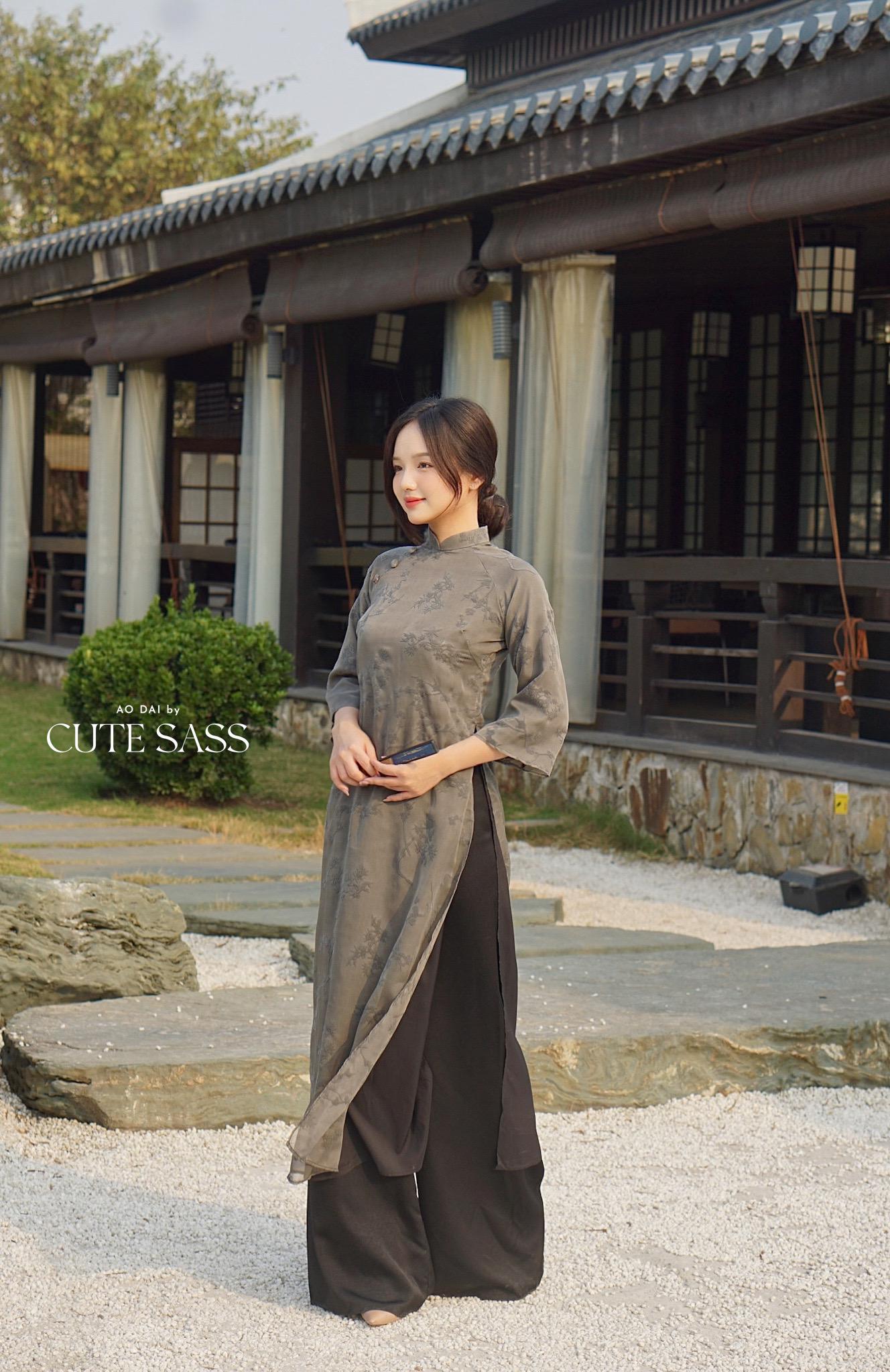 Charcoal Shifted Bamboo Hidden Patterns with Buttons Ao Dai Top Only, NO PANTS 5BC| Pre-made Modern Viet Ao Dai | Lunar New Year