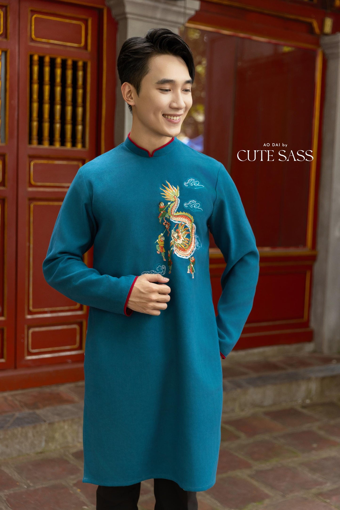 Cat Tuong - Dad and Boy Prussian Blue Dragon Matching Ao Dai | Pre-made Traditional Vietnamese Ao Dai | Lunar New Year