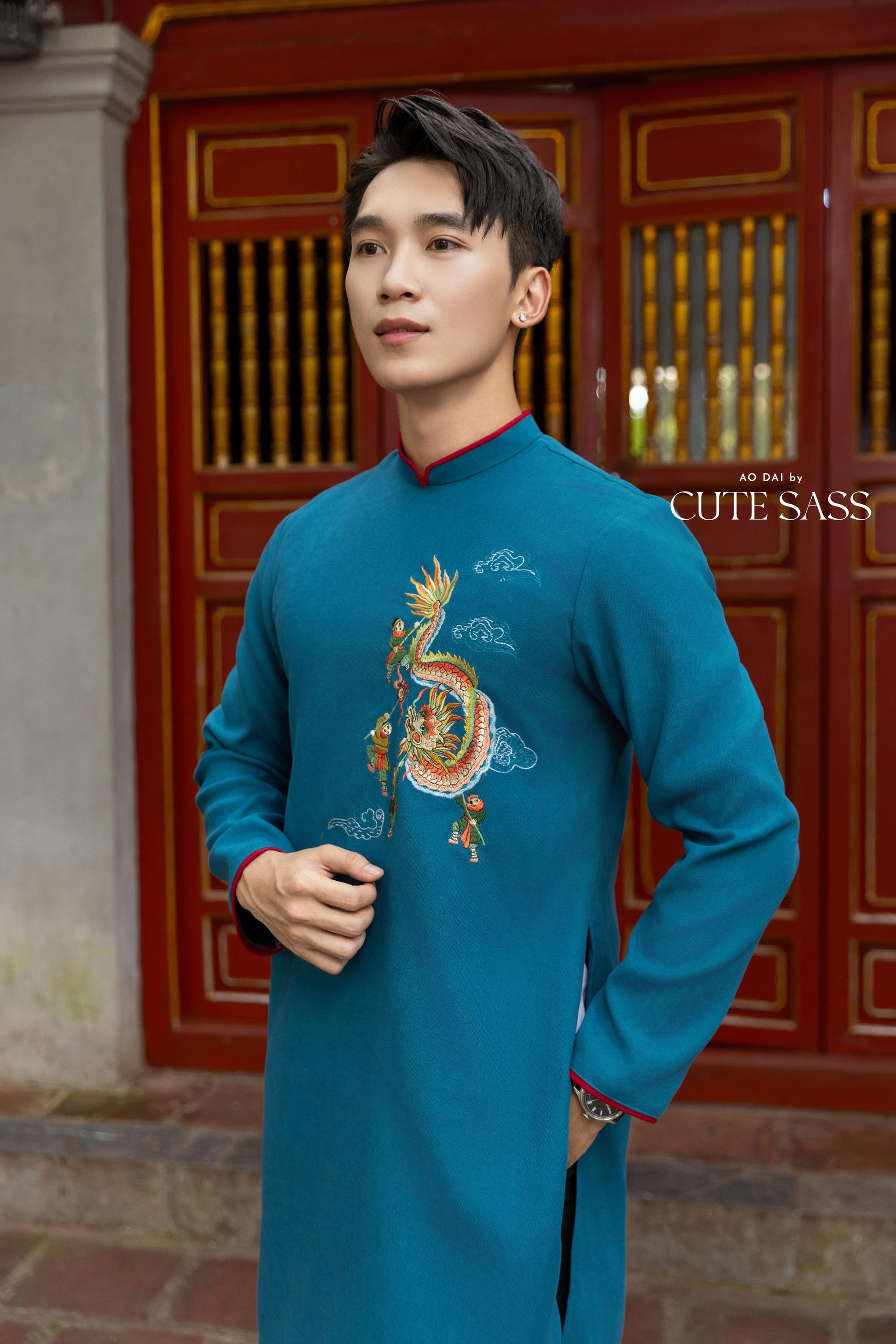 Cat Tuong - Dad and Boy Prussian Blue Dragon Matching Ao Dai | Pre-made Traditional Vietnamese Ao Dai | Lunar New Year