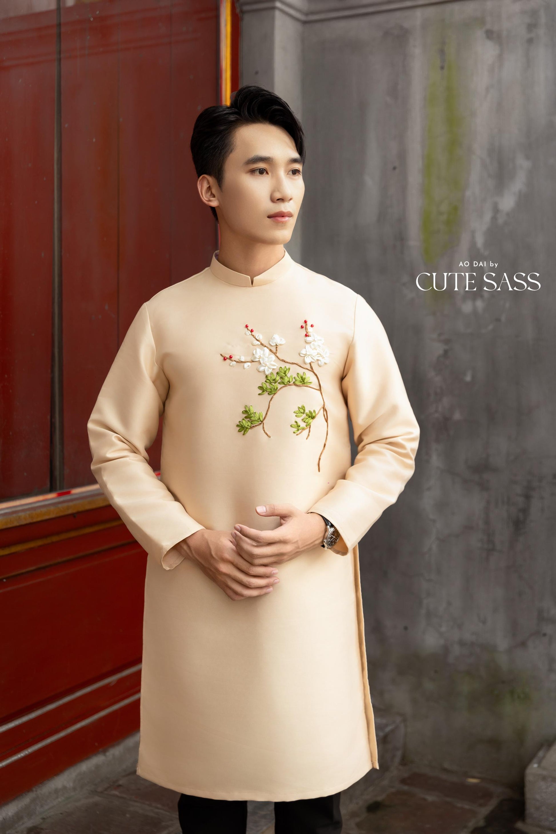 Cat Tuong - Dad and Boy Champagne Ribbon Matching Ao Dai FL| Pre-made Traditional Vietnamese Ao Dai | Lunar New Year