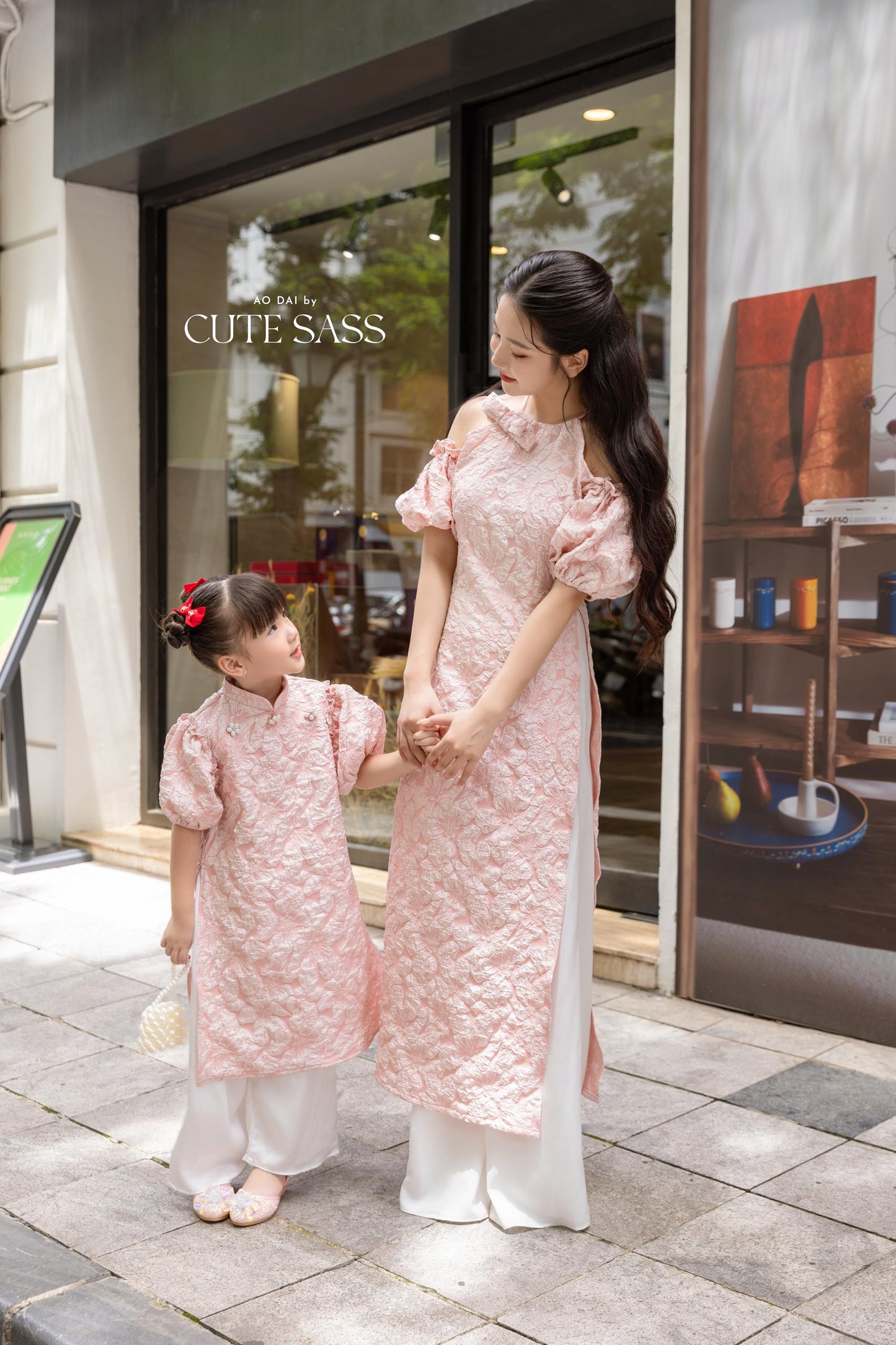 Cat Tuong - Mom and Daughter Pink Bow and Pearls Matching Ao Dai Set FL| Pre-made Traditional Vietnamese Ao Dai | Lunar New Year |