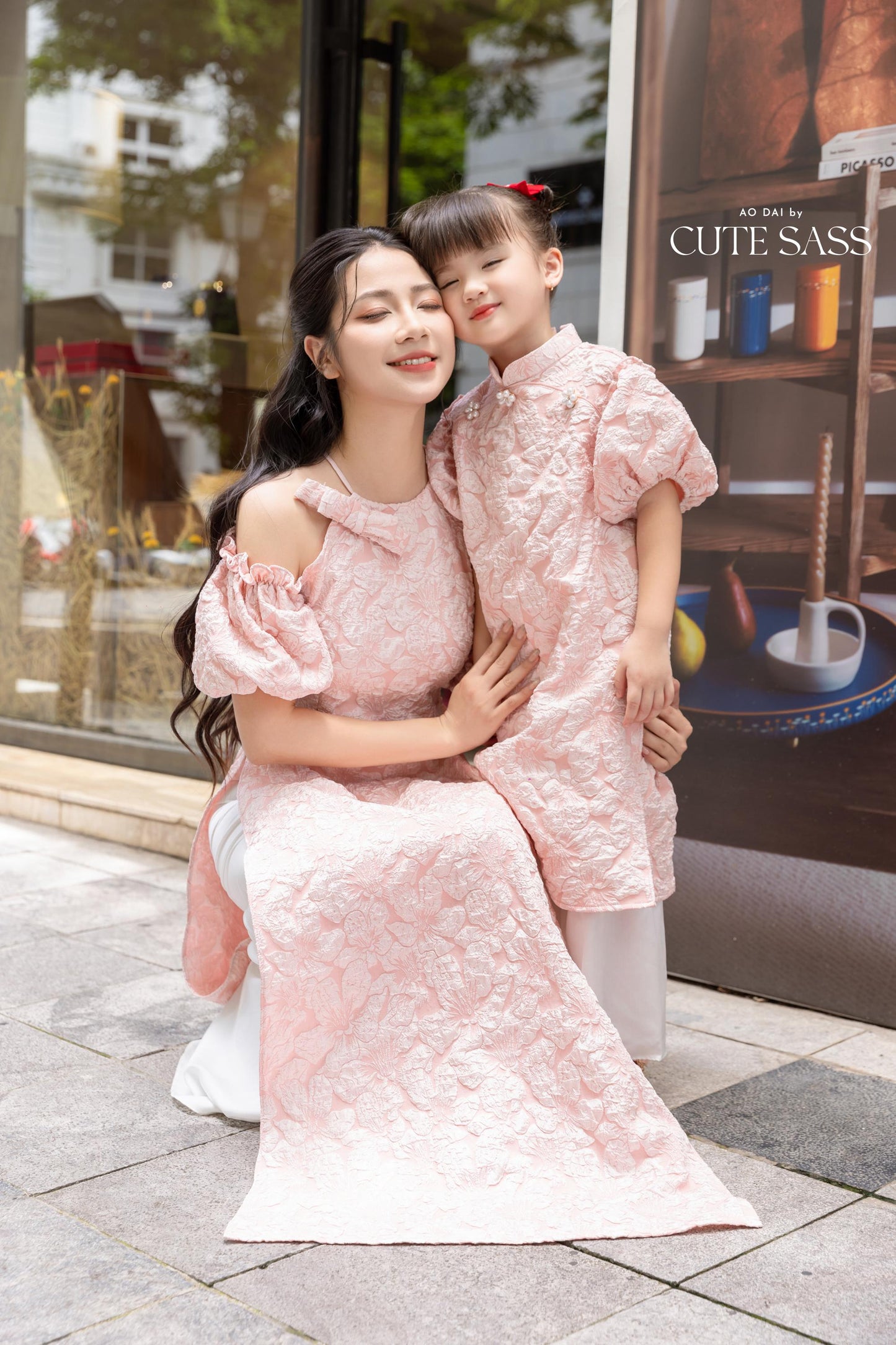 Cat Tuong - Mom and Daughter Pink Bow and Pearls Matching Ao Dai Set FL| Pre-made Traditional Vietnamese Ao Dai | Lunar New Year |