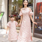 Cat Tuong - Mom and Daughter Pink Bow and Pearls Matching Ao Dai Set FL| Pre-made Traditional Vietnamese Ao Dai | Lunar New Year |