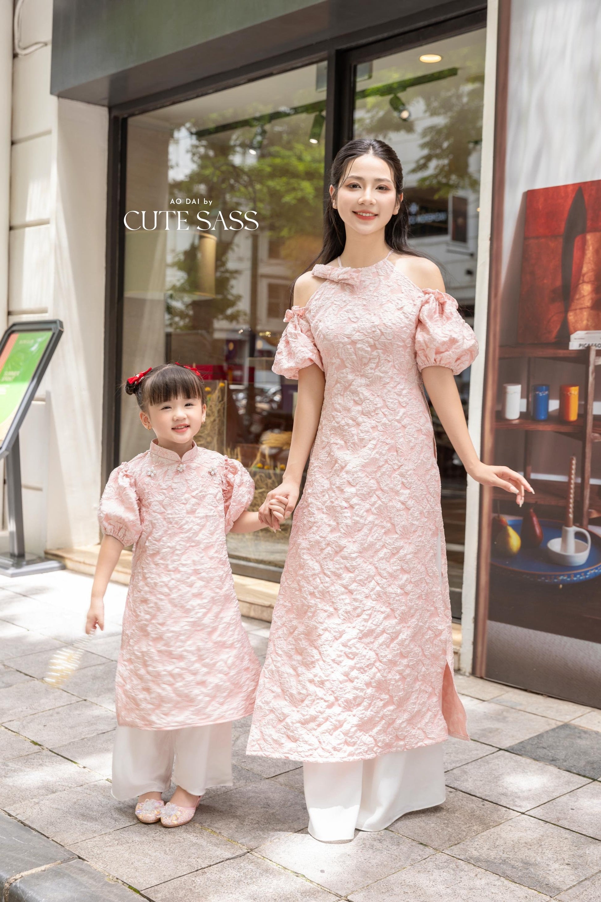 Cat Tuong - Mom and Daughter Pink Bow and Pearls Matching Ao Dai Set FL| Pre-made Traditional Vietnamese Ao Dai | Lunar New Year |