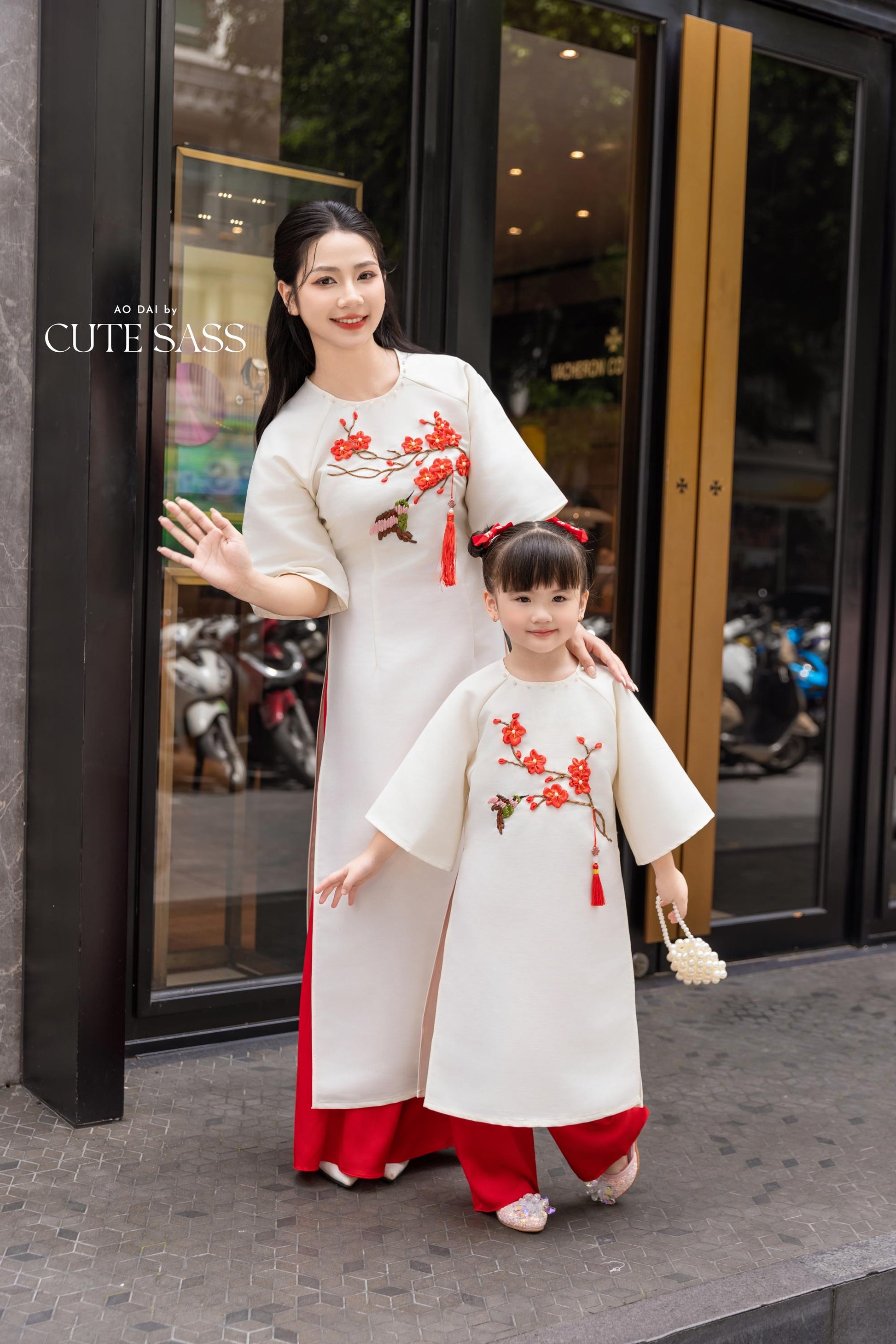 Cat Tuong - Family Cream/Turquoise Ribbon Matching Ao Dai Set (No Tassel) | Pre-made Traditional Vietnamese Ao Dai | Lunar New Year |