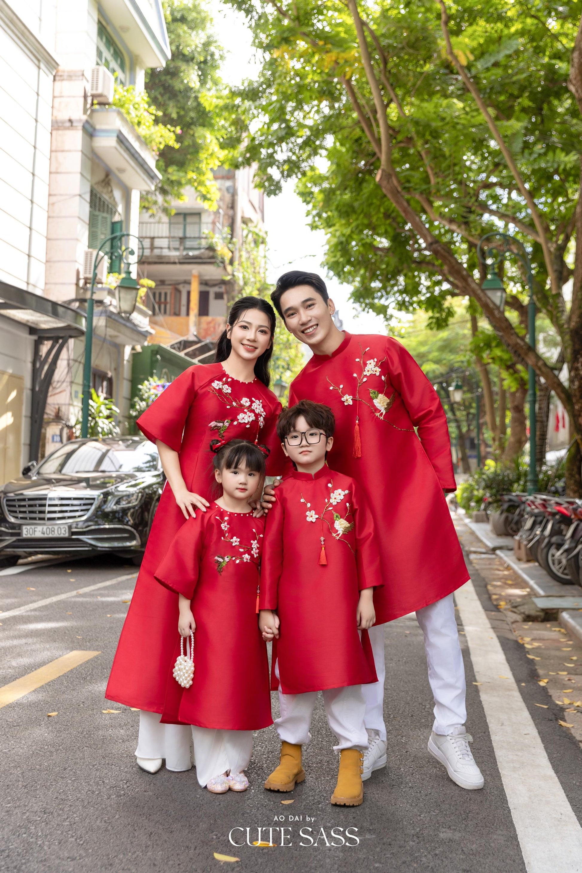 Cat Tuong - Family Red Ribbon Matching Ao Dai Set (No Tassel) | Pre-made Traditional Vietnamese Ao Dai | Lunar New Year |