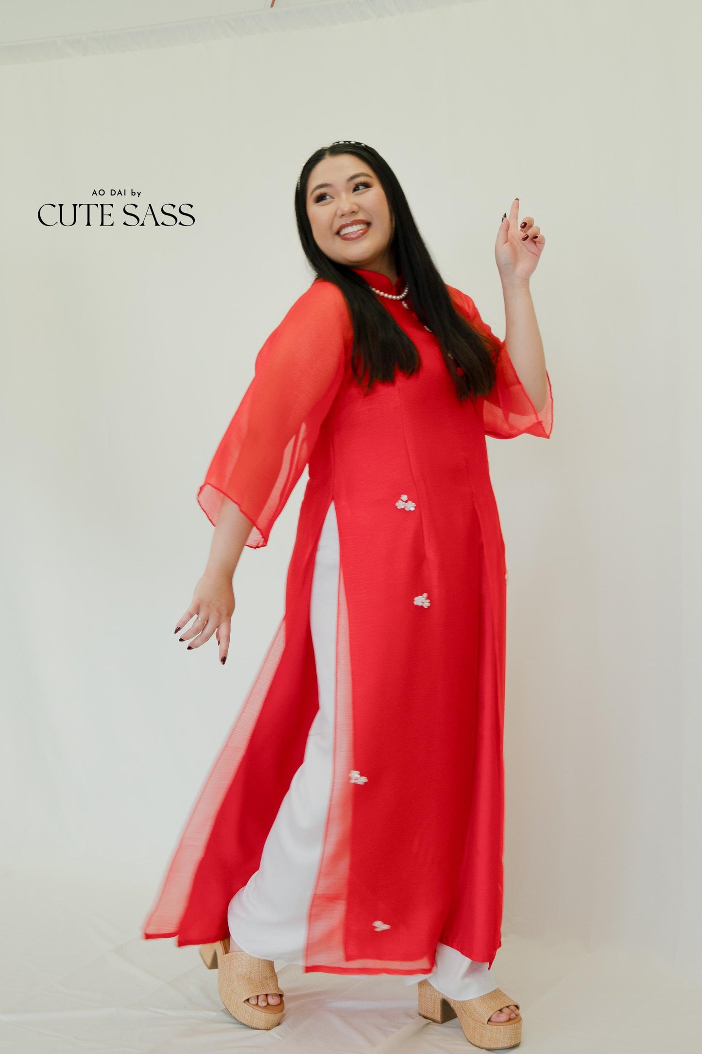 Red Sparkle Button Slit Ao Dai Set