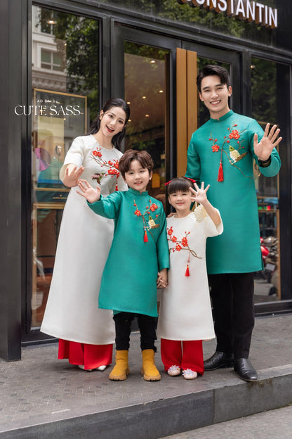 Cat Tuong - Family Cream/Turquoise Ribbon Matching Ao Dai Set (No Tassel) | Pre-made Traditional Vietnamese Ao Dai | Lunar New Year |