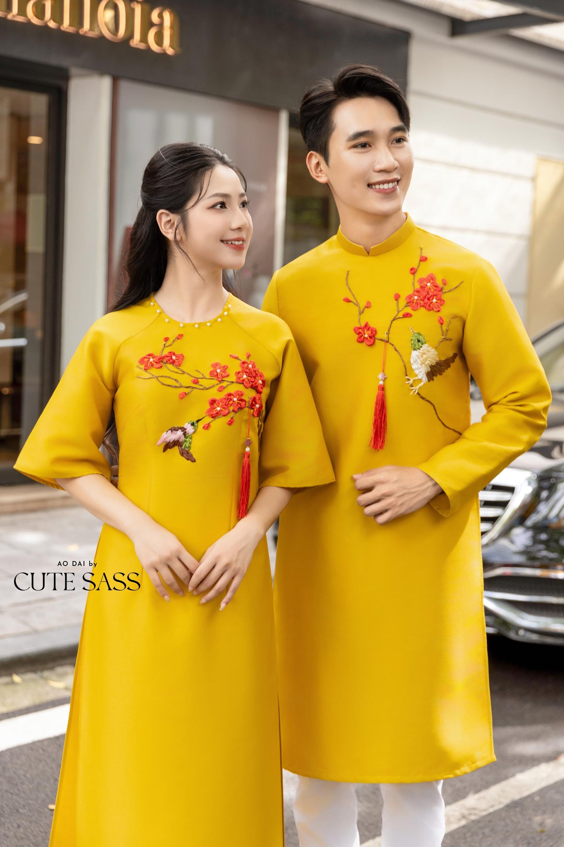 Cat Tuong - Family Yellow Ribbon Matching Ao Dai Set (No Tassel) | Pre-made Traditional Vietnamese Ao Dai | Lunar New Year |