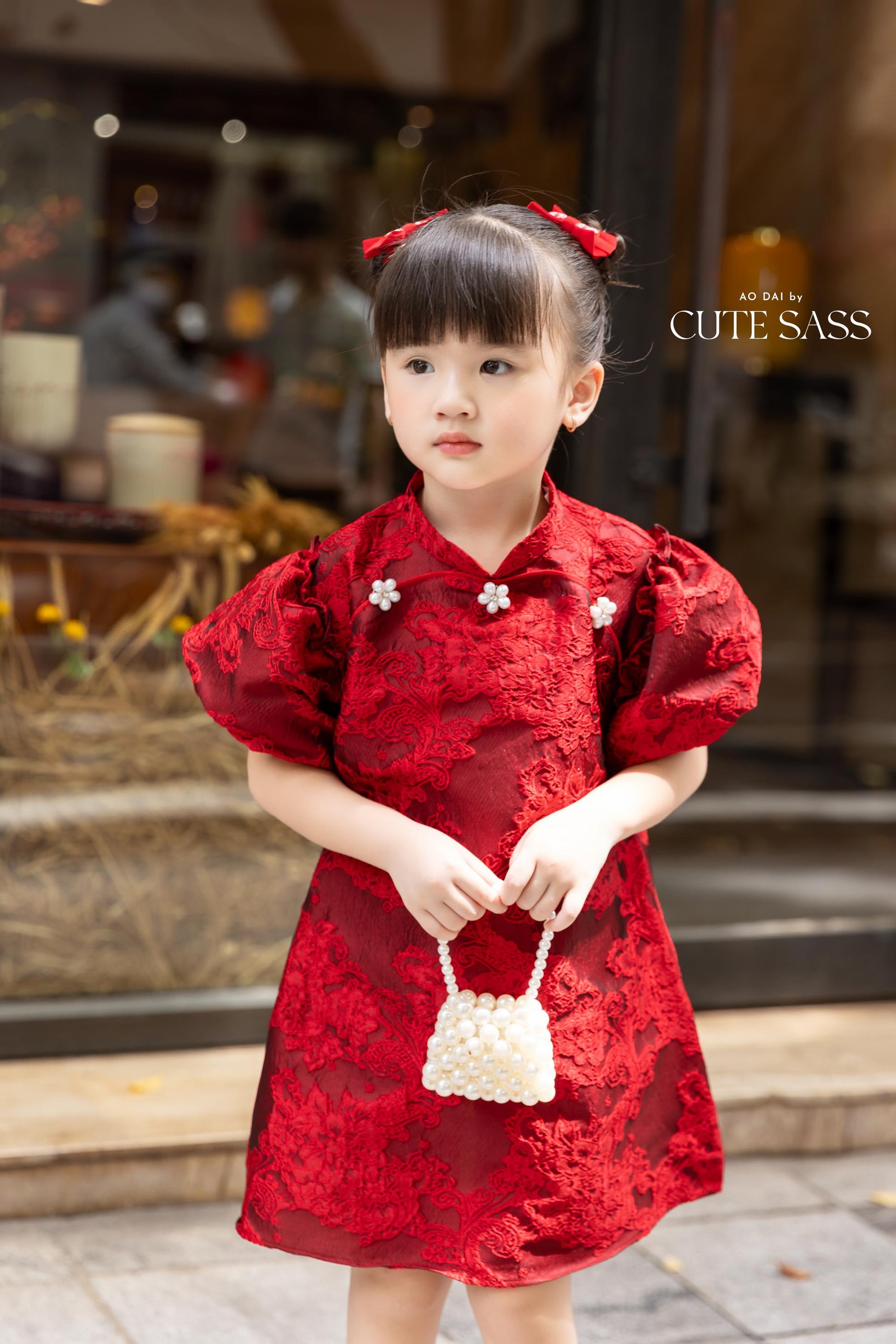 Cat Tuong - Family Red Bow and Pearls Matching Ao Dai Set FL| Pre-made Traditional Vietnamese Ao Dai | Lunar New Year |