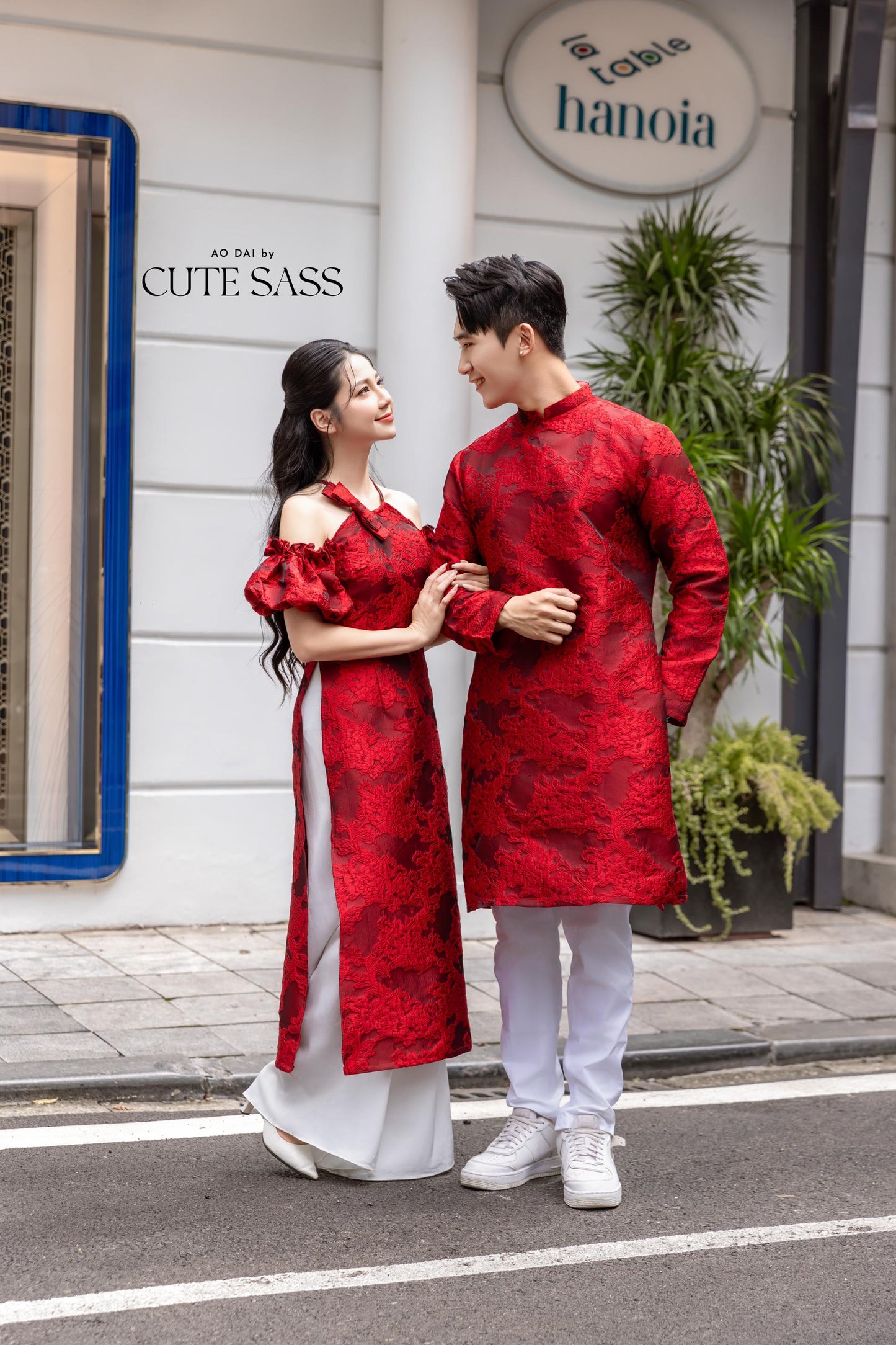 Cat Tuong - Family Red Bow and Pearls Matching Ao Dai Set FL| Pre-made Traditional Vietnamese Ao Dai | Lunar New Year |