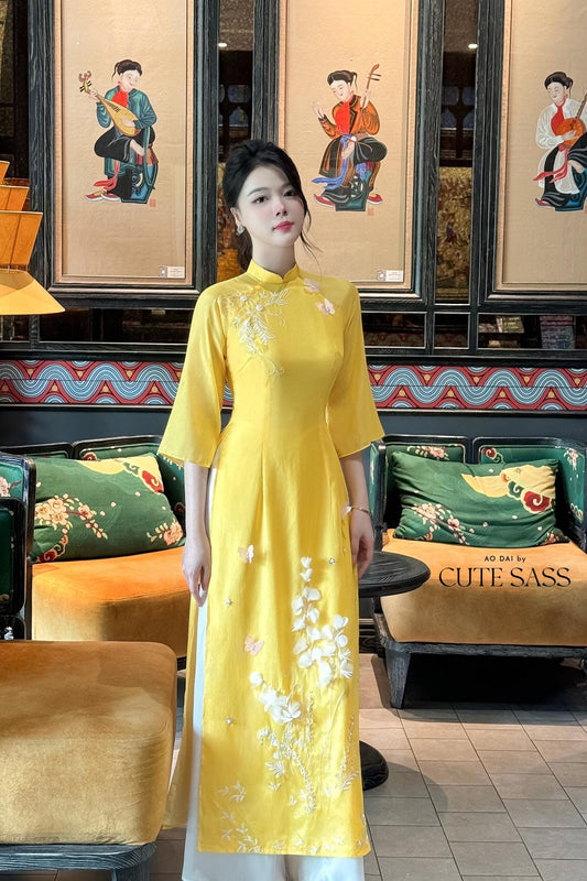 Yen Oanh - Yellow 3D Linh Lan Ao Butterflies Dai Set 19C|Pre-made Traditional Vietnamese Women Ao Dai with Pants|Lunar New Year|