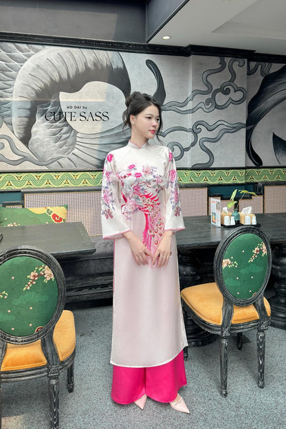 Yen Oanh - Cream Printed Peacock Ao Dai Set 21C|Pre-made Traditional Vietnamese Women Ao Dai with Pants|Lunar New Year|Ao Dai Cach Tan