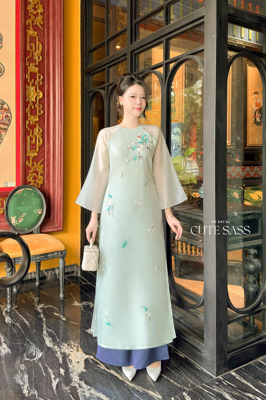 Nhien Ha - Cyan Embroidery Daisy Branches Ao Dai Set |Pre-made Traditional Vietnamese Women Ao Dai with Pants|Lunar New Year|Ao Dai Cach Tan