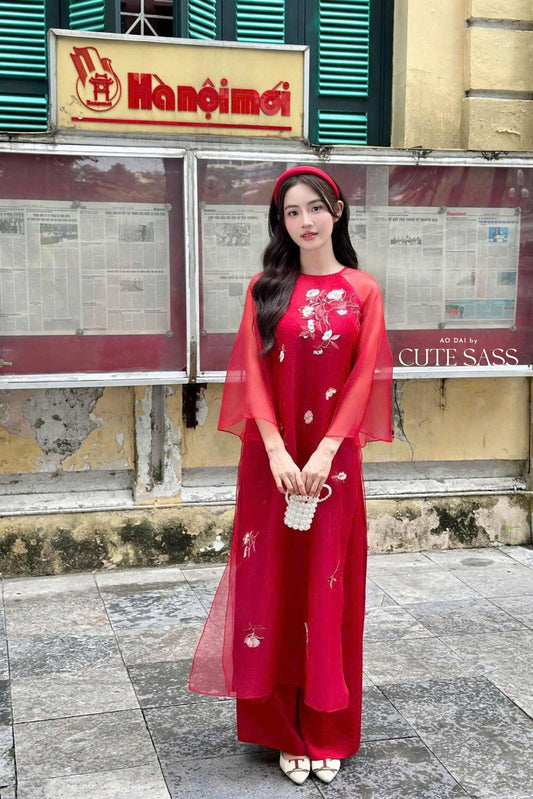 Nhien Ha - Red Embroidery Carnation Ao Dai Set