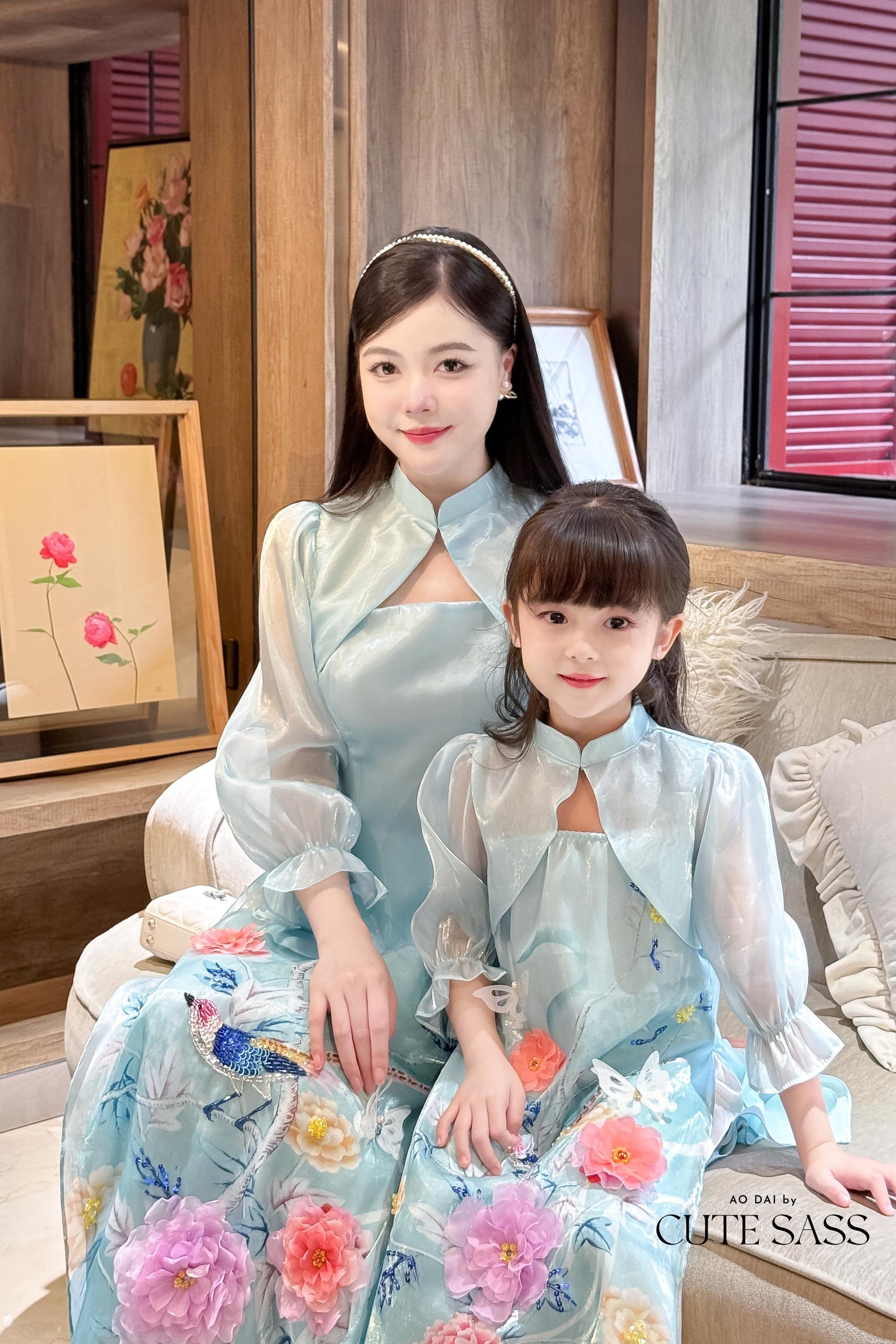 Mom and Daughter Blue Cut Out Long Sleeves Ao Dai Set 31-32D| Pre-made Traditional Vietnamese Ao Dai | Lunar New Year |