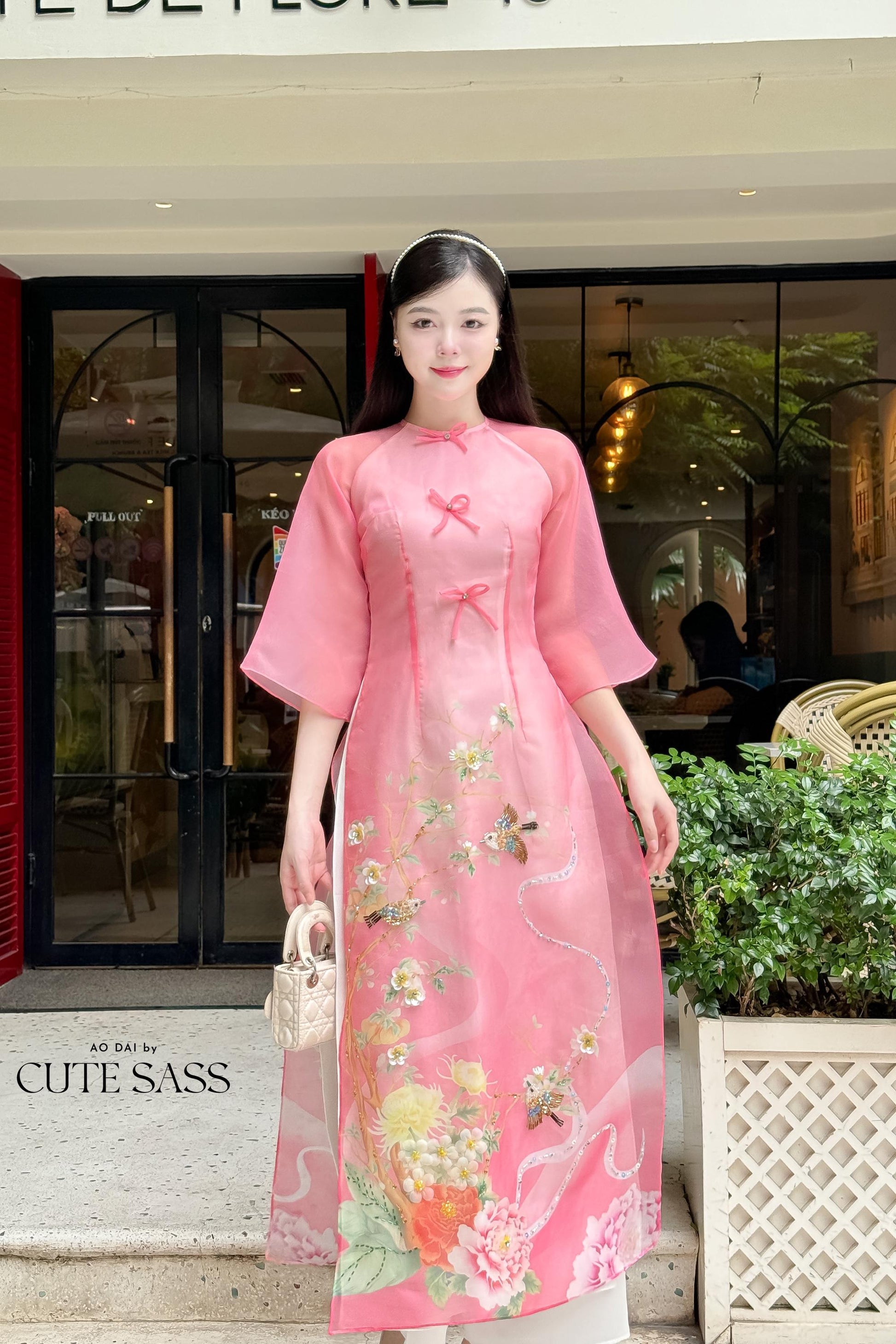 Mom and Daughter Pink Bows 3D Peony Ao Dai Set 31-32D| Pre-made Traditional Vietnamese Ao Dai | Lunar New Year |