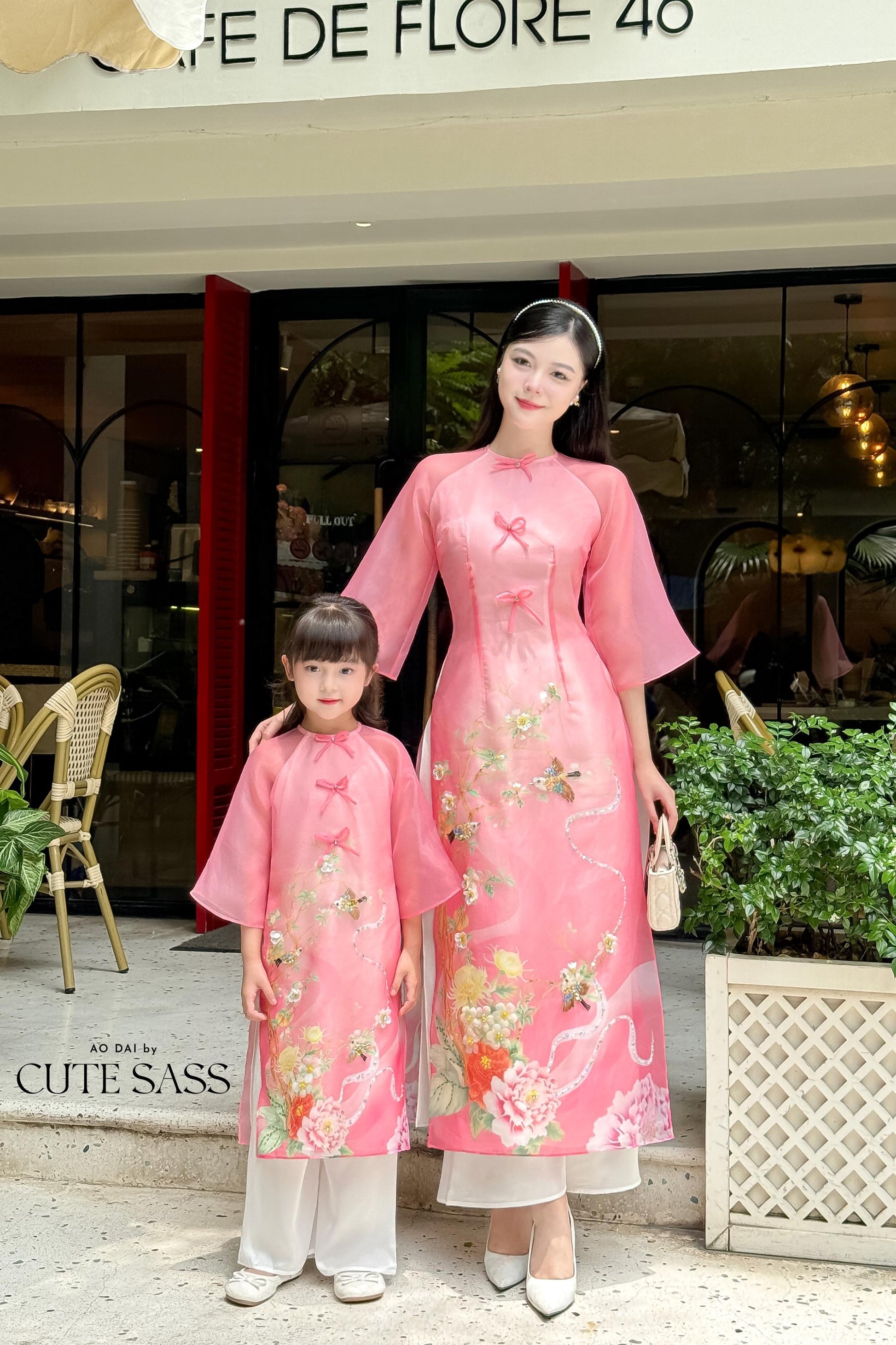 Mom and Daughter Pink Bows 3D Peony Ao Dai Set 31-32D| Pre-made Traditional Vietnamese Ao Dai | Lunar New Year |