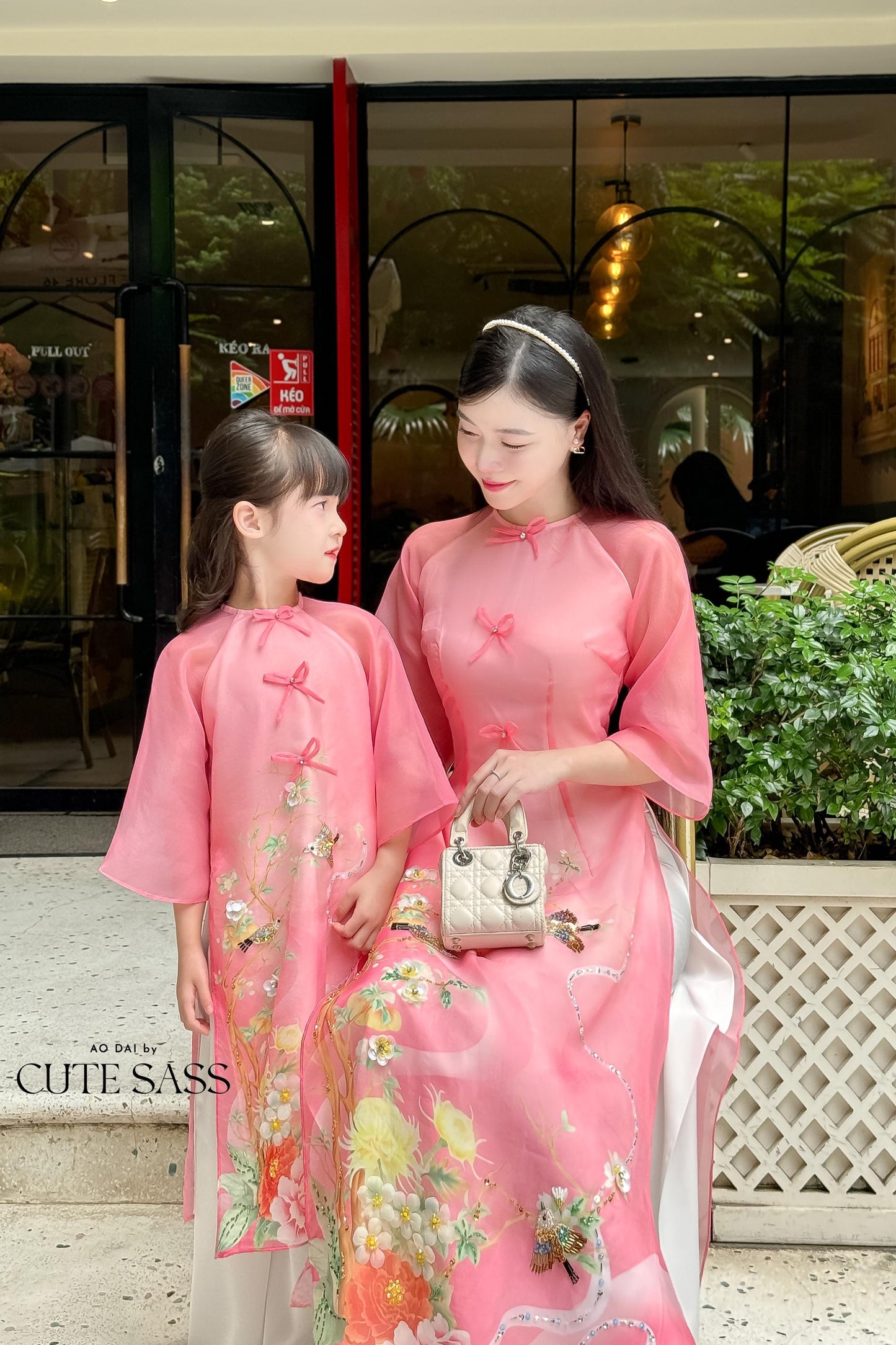 Mom and Daughter Pink Bows 3D Peony Ao Dai Set 31-32D| Pre-made Traditional Vietnamese Ao Dai | Lunar New Year |