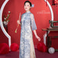 Shifted Blue Printed Chiffon Ao Dai Top Only, NO PANTS 4A| Pre-made Modern Viet Ao Dai| Pastel Ao Dai | Lunar New Year