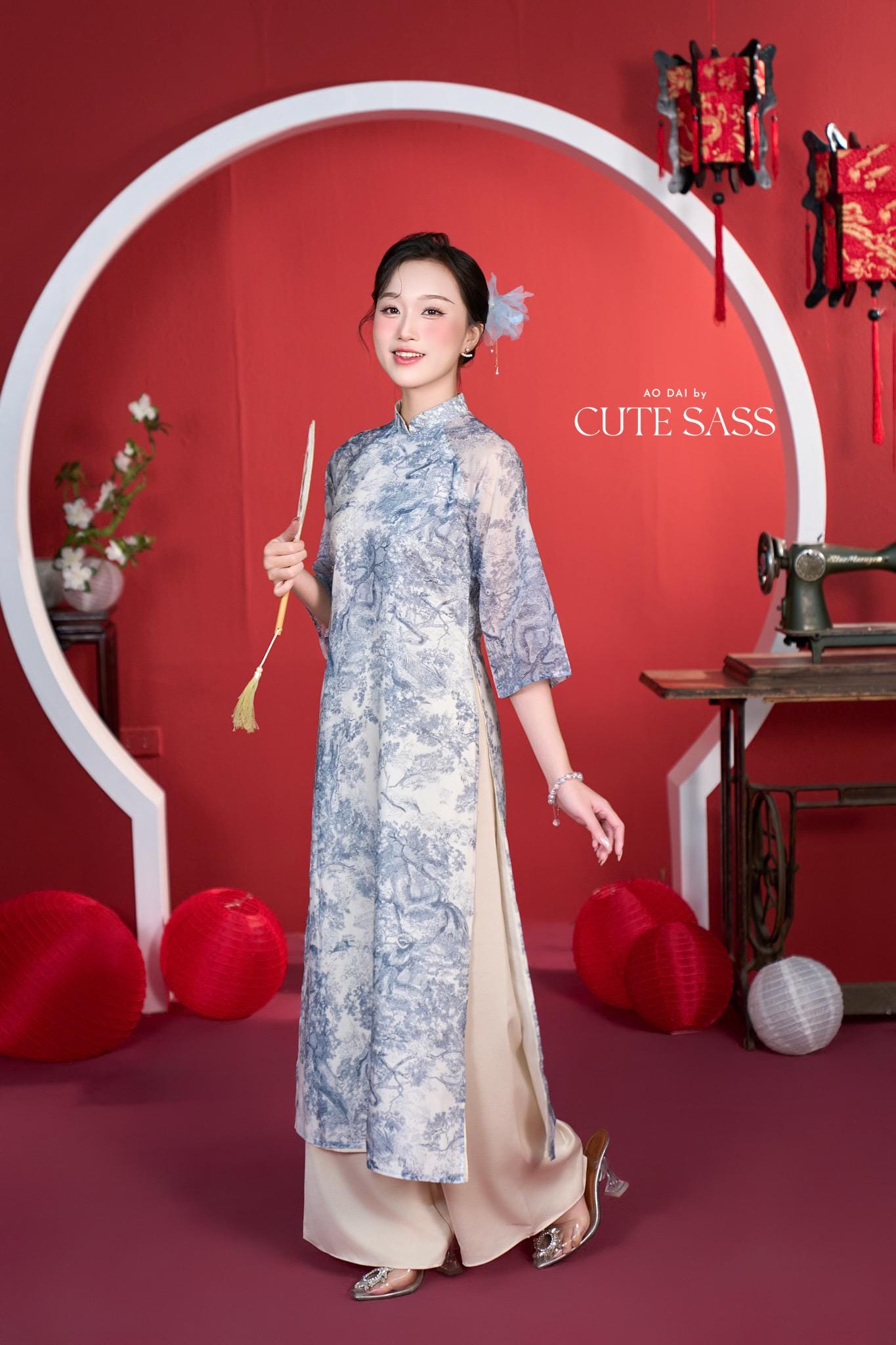 Shifted Blue Printed Chiffon Ao Dai Top Only, NO PANTS 4A| Pre-made Modern Viet Ao Dai| Pastel Ao Dai | Lunar New Year