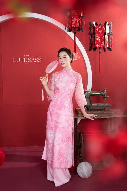 Shifted Pink Printed Chiffon Ao Dai Top Only, NO PANTS 4A| Pre-made Modern Viet Ao Dai| Pastel Ao Dai | Lunar New Year