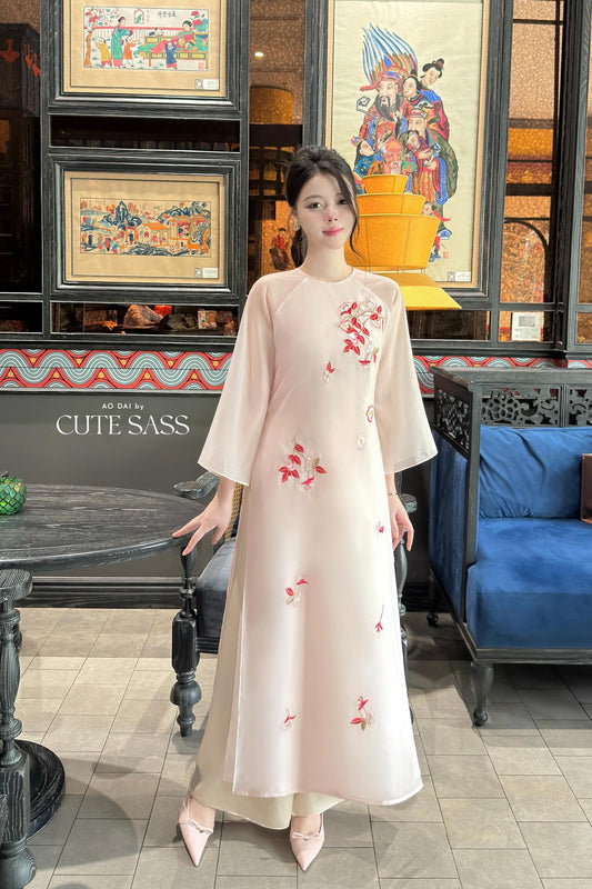 Nhien Ha - Pink Embroidery Carnation Ao Dai Set 23D|Pre-made Traditional Vietnamese Women Ao Dai with Pants|Lunar New Year|Ao Dai Cach Tan