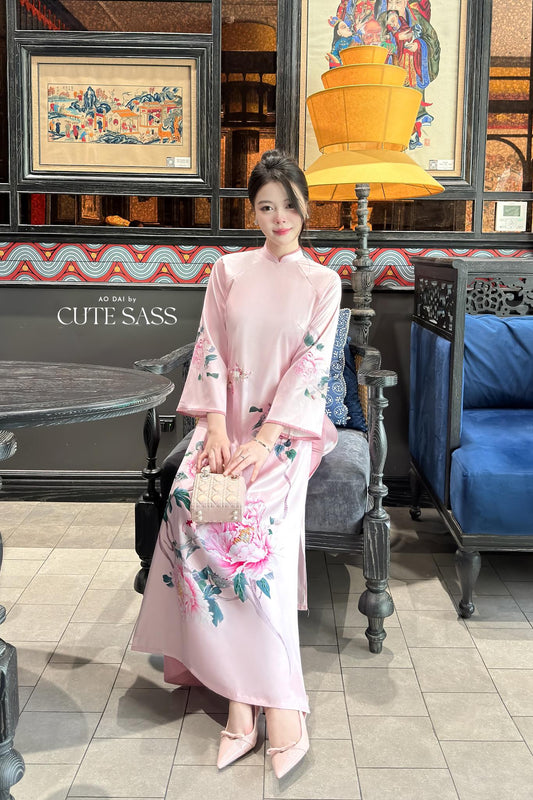 Nhien Ha - Pink Printed Peony Ao Dai Set 22C|Pre-made Traditional Vietnamese Women Ao Dai with Pants|Lunar New Year|Ao Dai Cach Tan