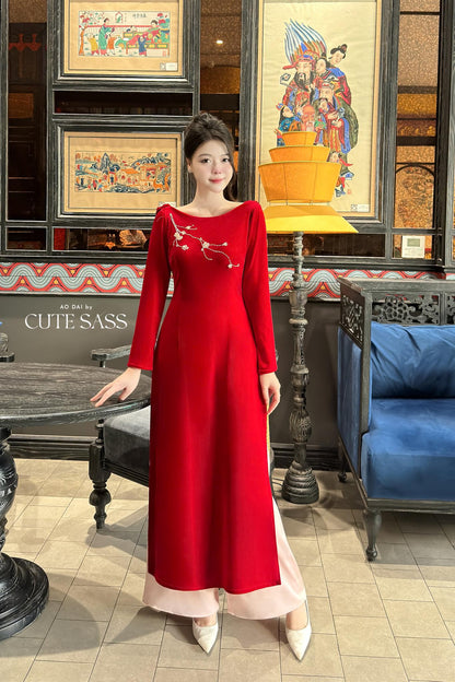 Huyen Mi - Red Velvet Boat Neckline Ao Dai Set |Pre-made Traditional Vietnamese Women Ao Dai with Pants | Lunar New Year|Ao Dai Cach Tan