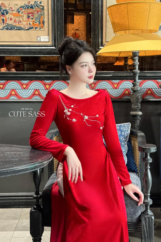 Huyen Mi - Red Velvet Boat Neckline Ao Dai Set |Pre-made Traditional Vietnamese Women Ao Dai with Pants | Lunar New Year|Ao Dai Cach Tan